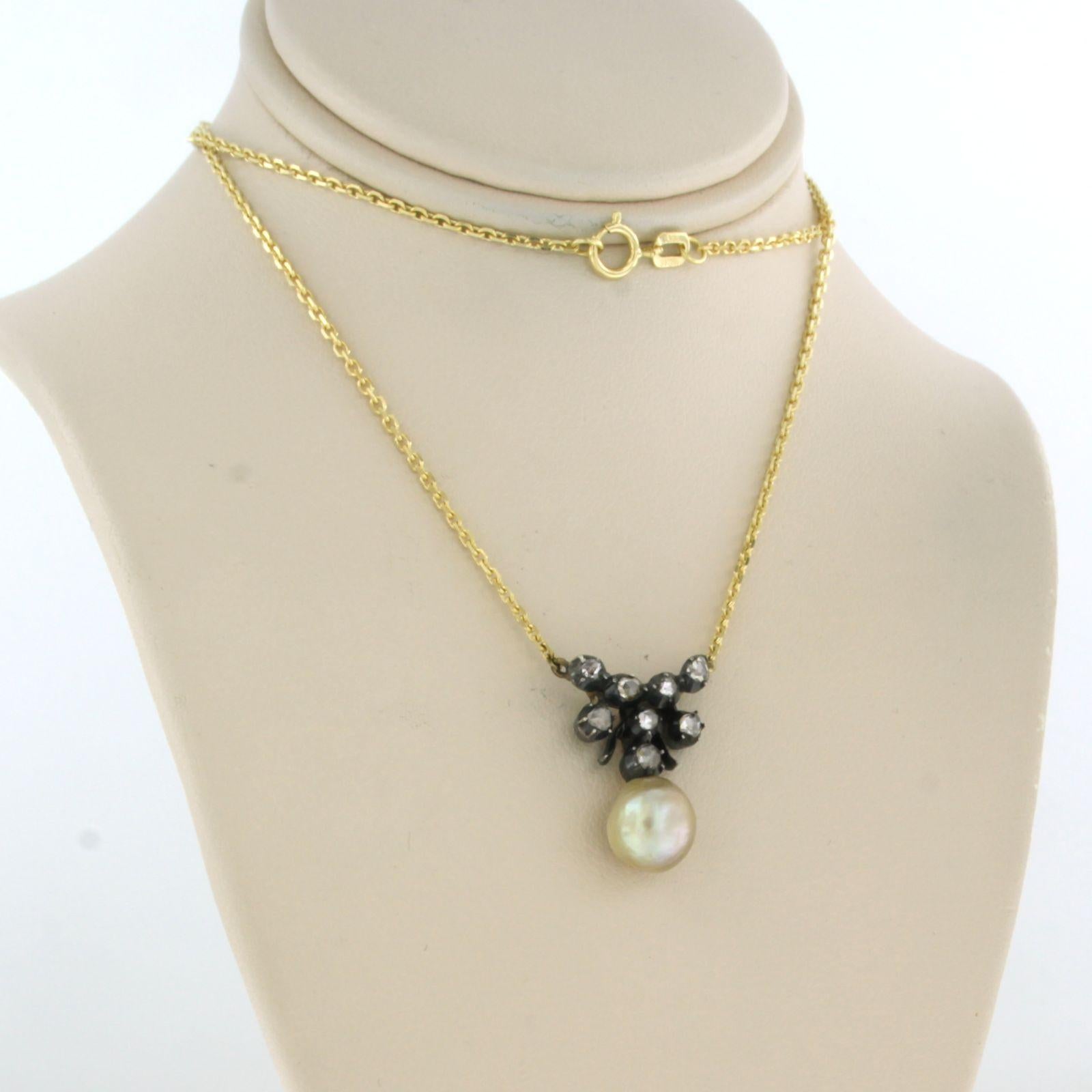 Rose Cut Necklace with pearl and rose cut diamonds up to 0.15ct 14k gold and silver For Sale