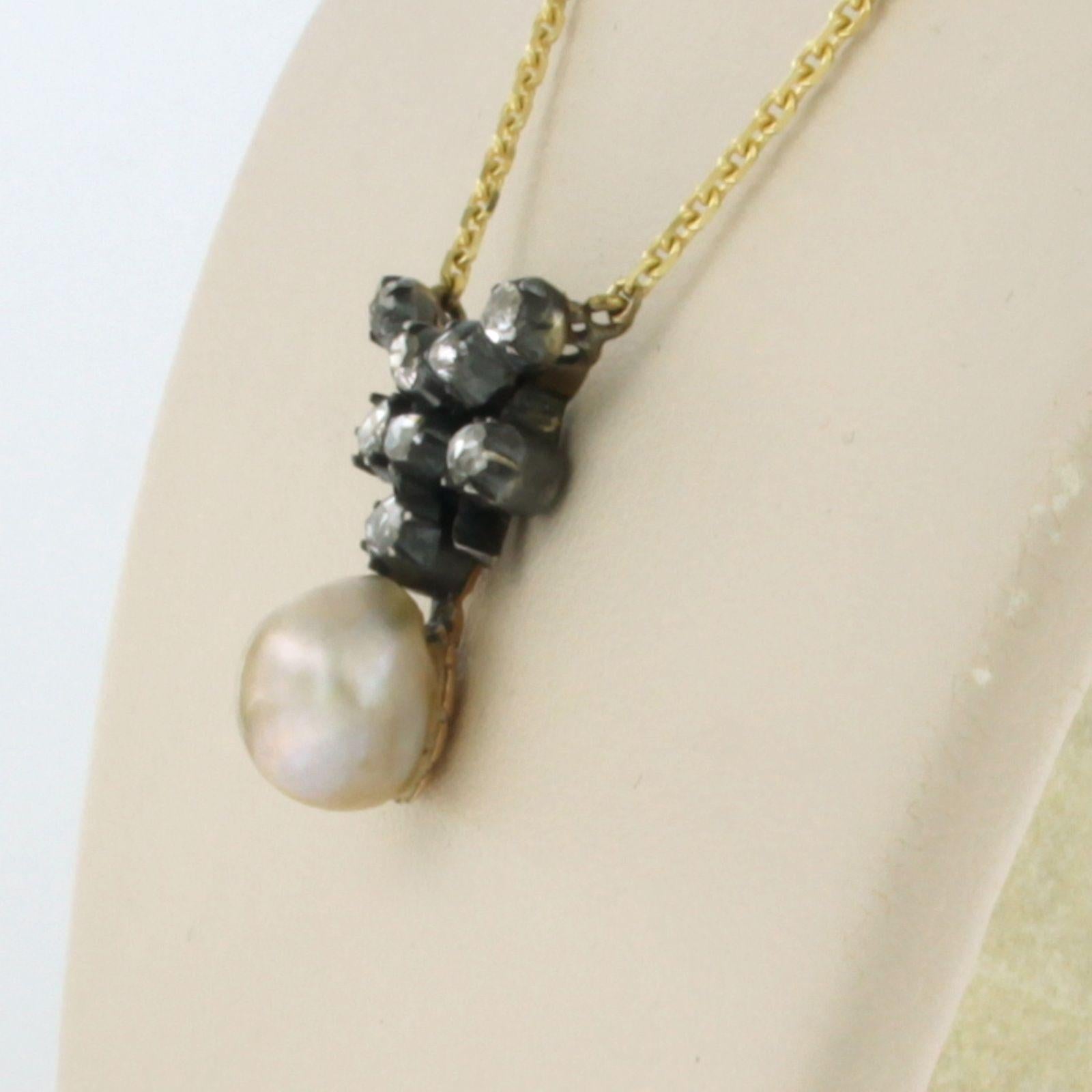 Women's Necklace with pearl and rose cut diamonds up to 0.15ct 14k gold and silver For Sale