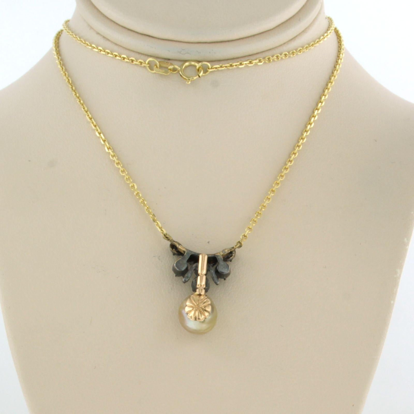 Necklace with pearl and rose cut diamonds up to 0.15ct 14k gold and silver For Sale 1