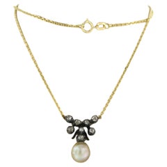 Necklace with pearl and rose cut diamonds up to 0.15ct 14k gold and silver