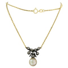 Collier en or et argent 14 carats avec perles et diamants taille rose jusqu'à 0,15 carat