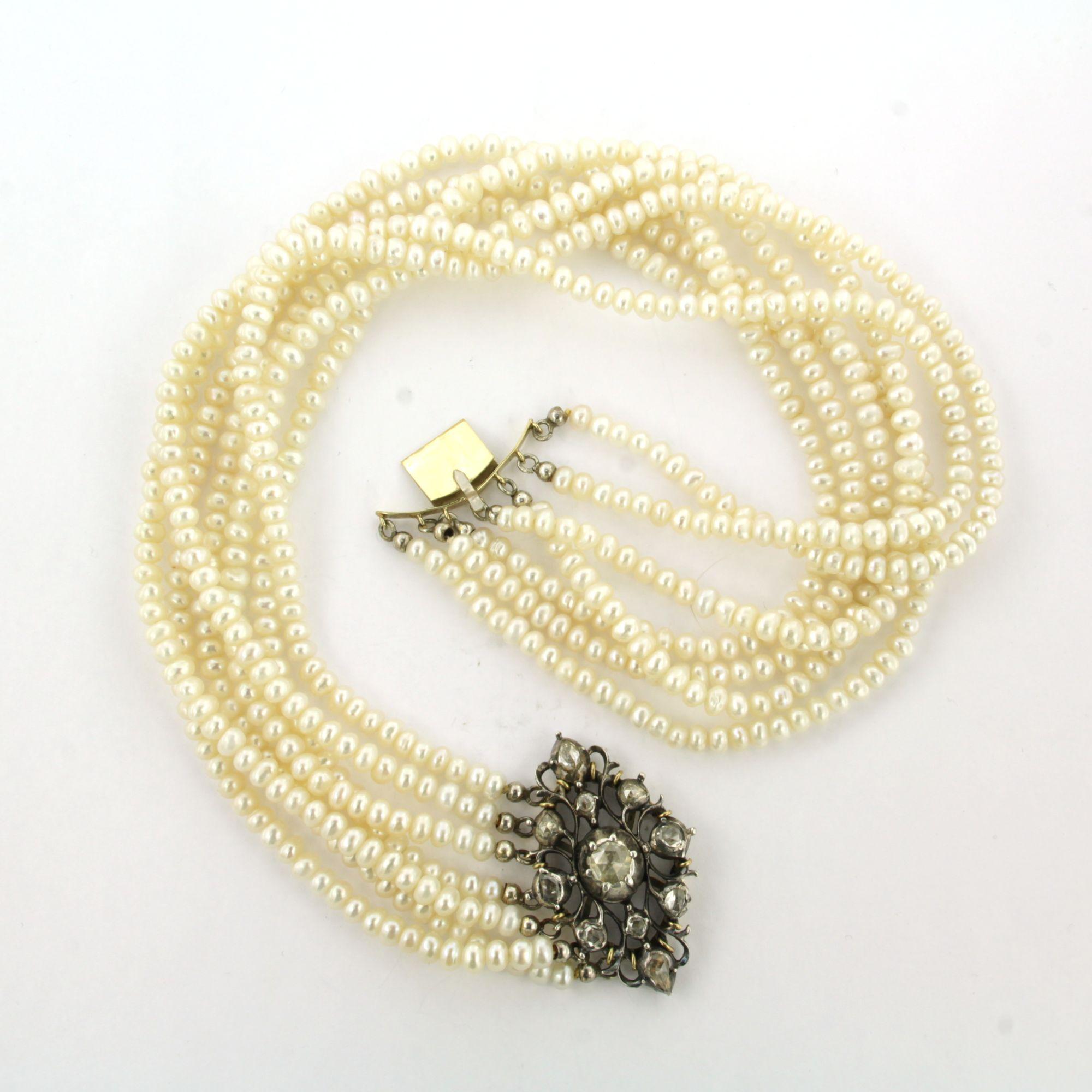 Early Victorian Necklace with pearl with rose cut diamonds up to 0.60ct 14k gold and silver For Sale