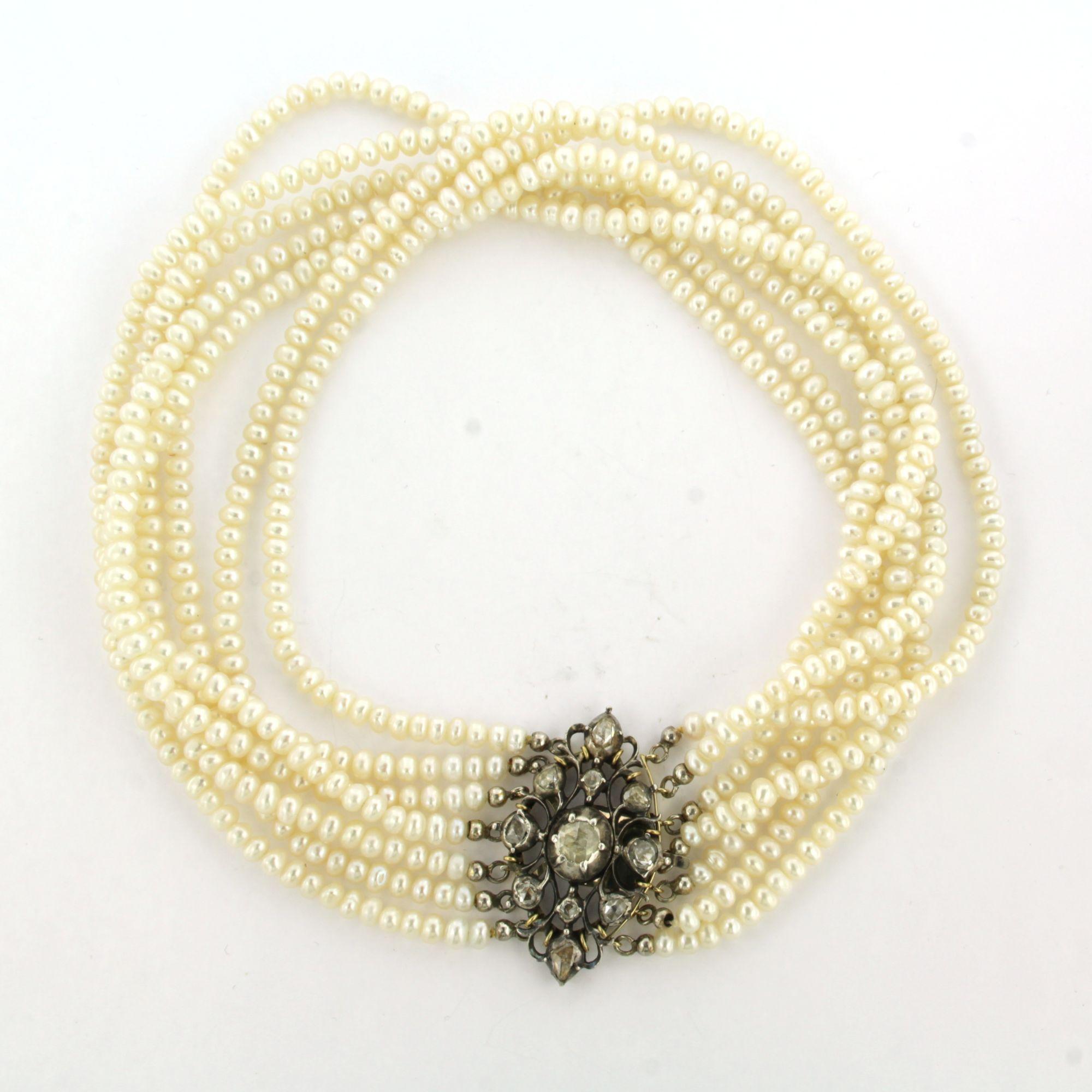 Rose Cut Necklace with pearl with rose cut diamonds up to 0.60ct 14k gold and silver For Sale