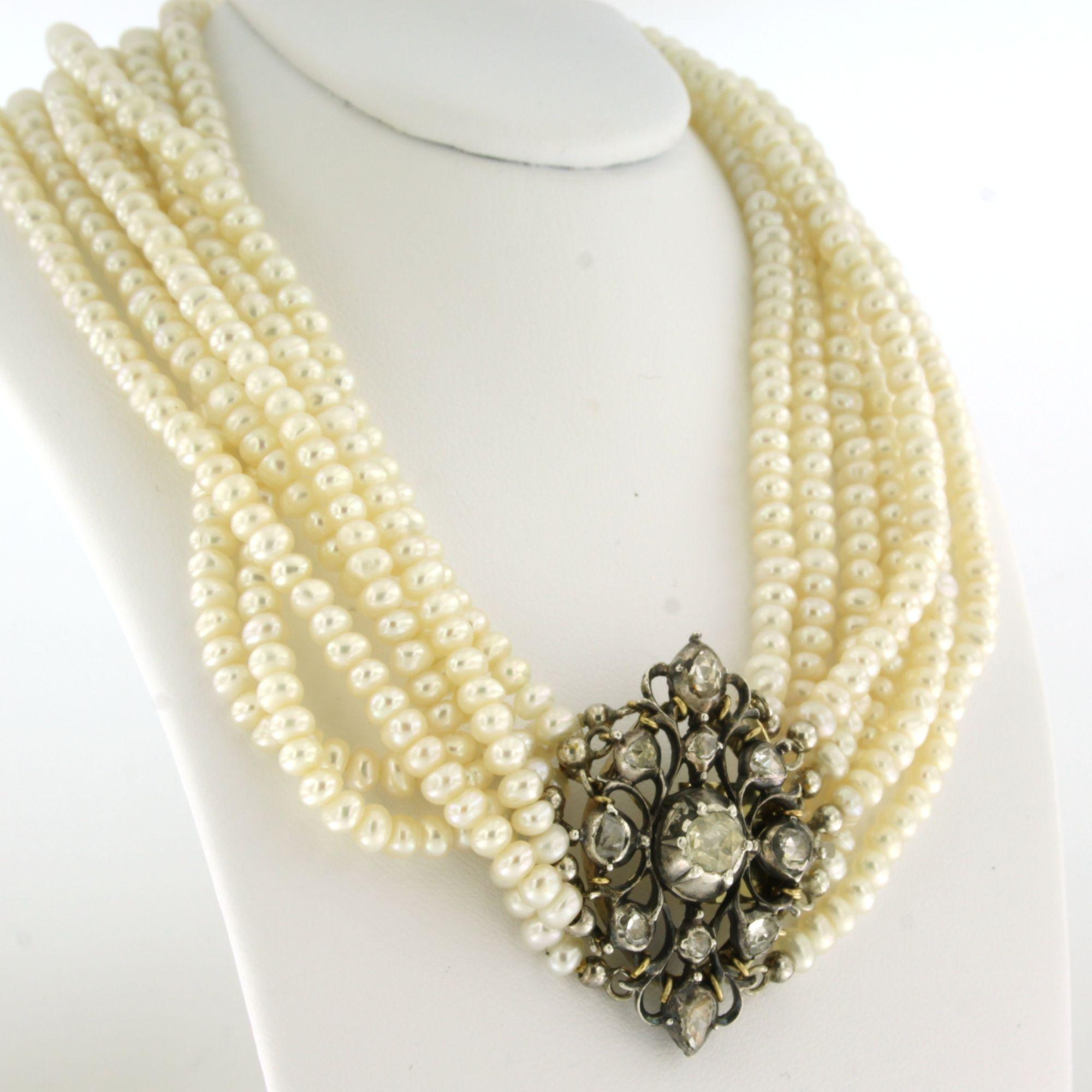 Necklace with pearl with rose cut diamonds up to 0.60ct 14k gold and silver In Excellent Condition For Sale In The Hague, ZH