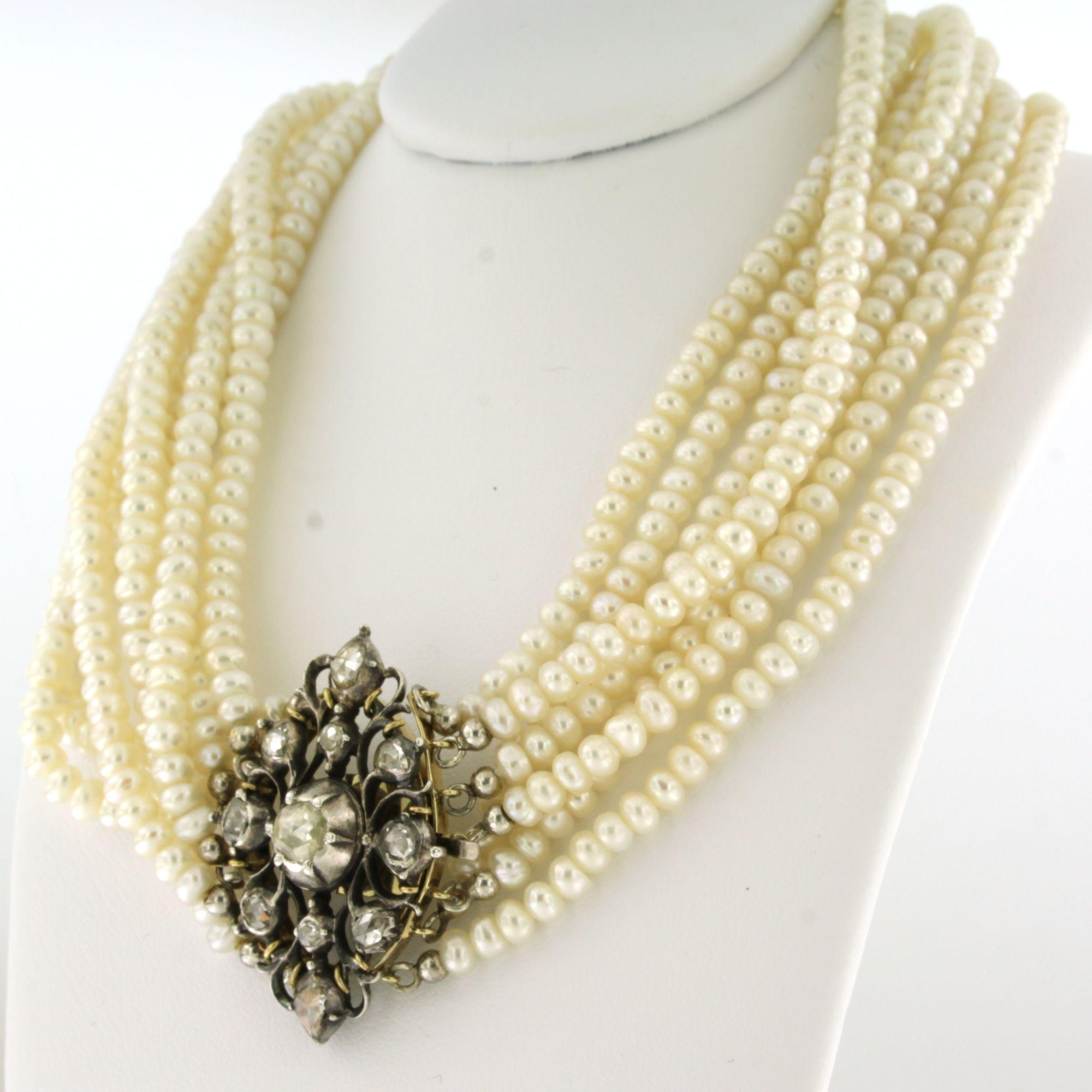 Women's or Men's Necklace with pearl with rose cut diamonds up to 0.60ct 14k gold and silver For Sale