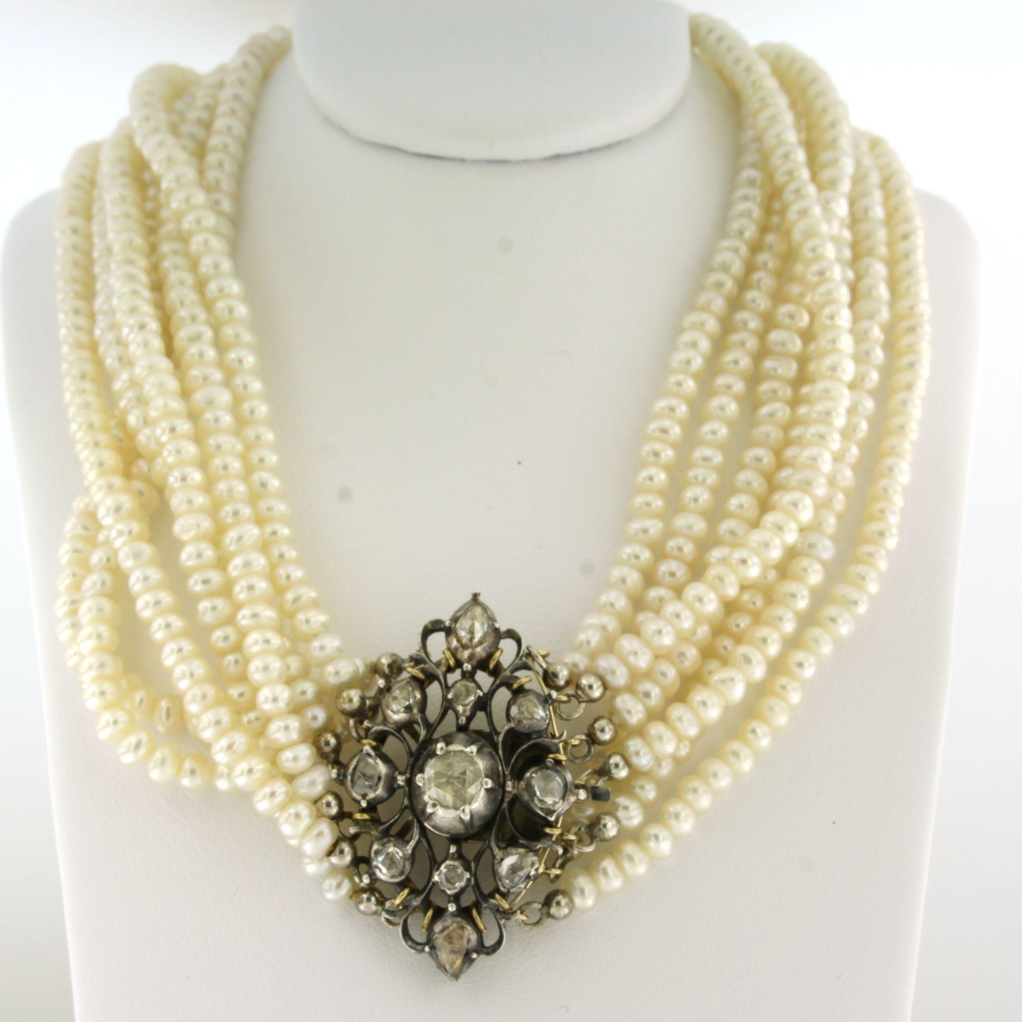 Necklace with pearl with rose cut diamonds up to 0.60ct 14k gold and silver For Sale 1