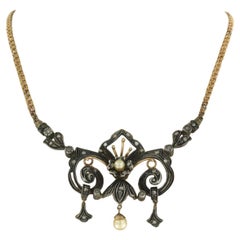 Necklace with pearls and rose cut diamonds 18k gold and silver 12.4 grams