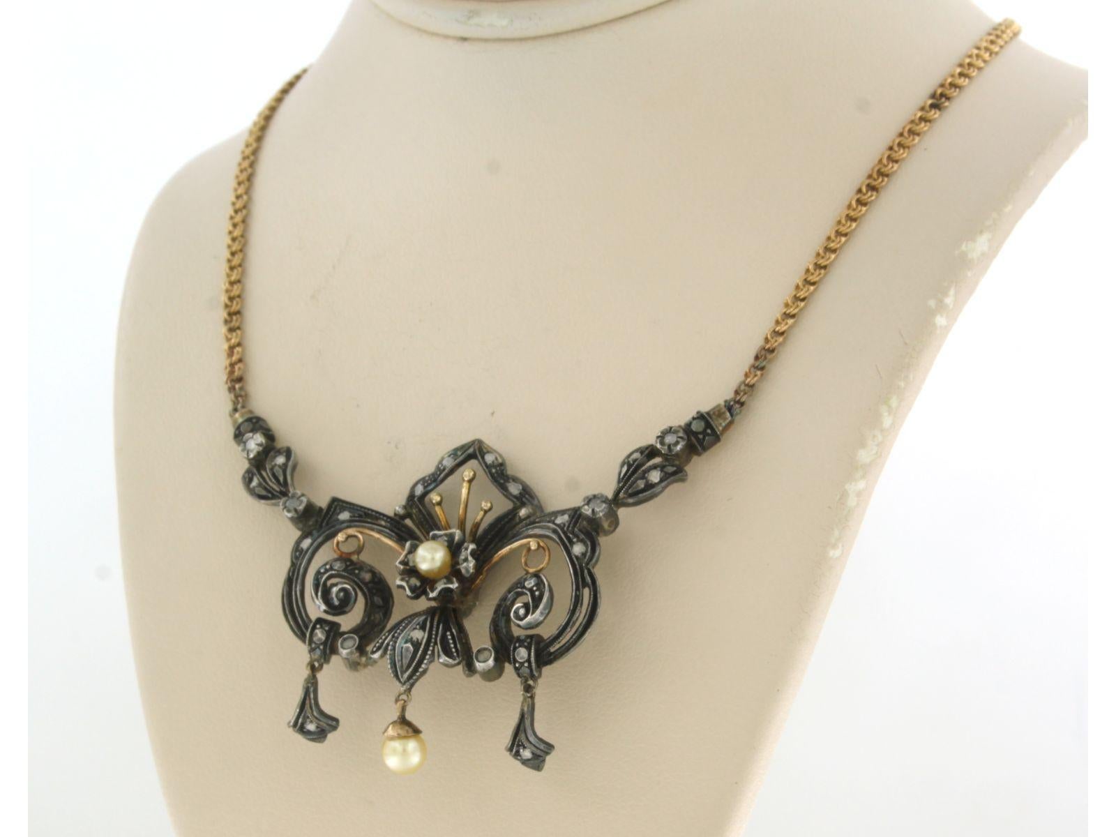 Rose Cut Necklace with pearls and rose cut diamonds 18k gold and silver For Sale
