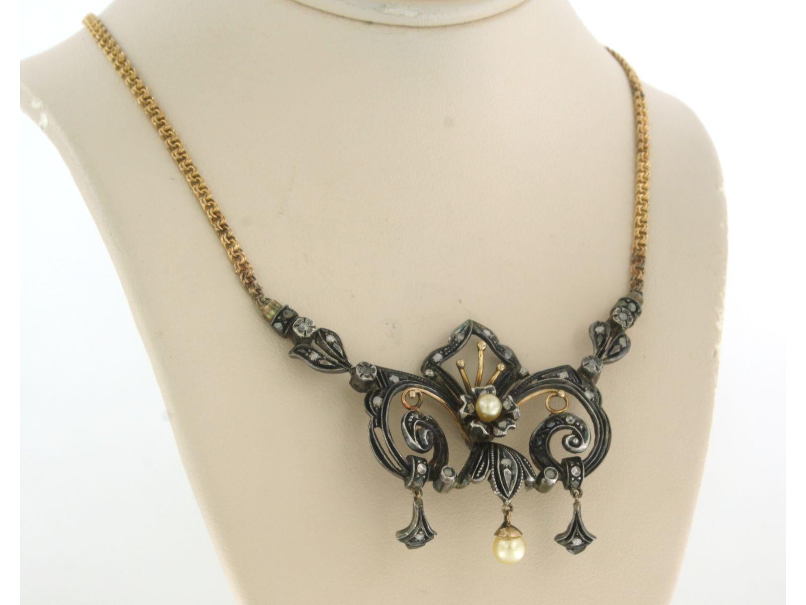 Women's Necklace with pearls and rose cut diamonds 18k gold and silver For Sale