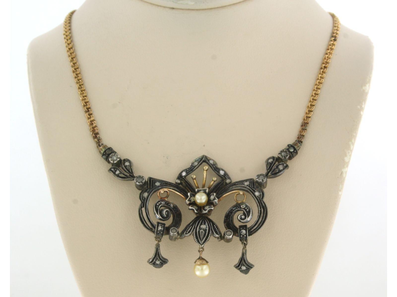 Necklace with pearls and rose cut diamonds 18k gold and silver For Sale 2
