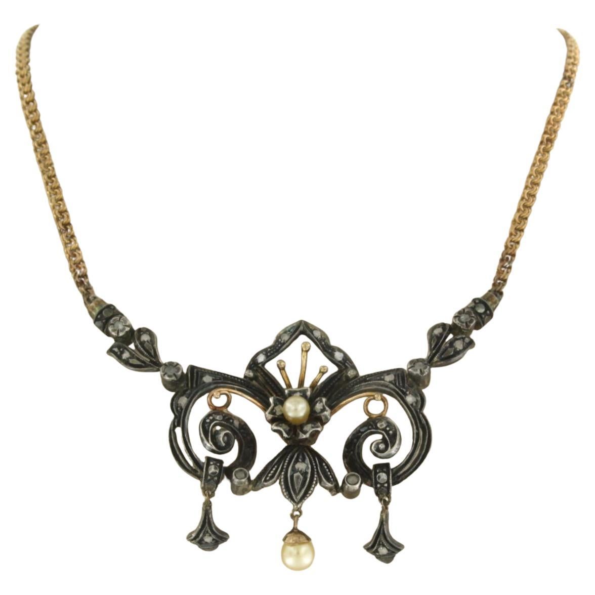 Collar con perlas y diamantes talla rosa Oro de 18 quilates y plata
