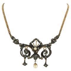 Collar con perlas y diamantes talla rosa Oro de 18 quilates y plata