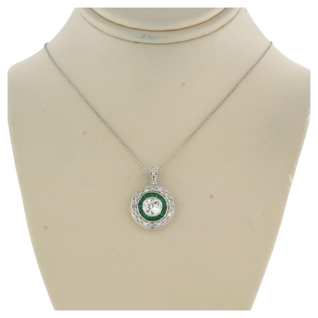 Necklace with pendant Emerald and Diamond 14k white gold