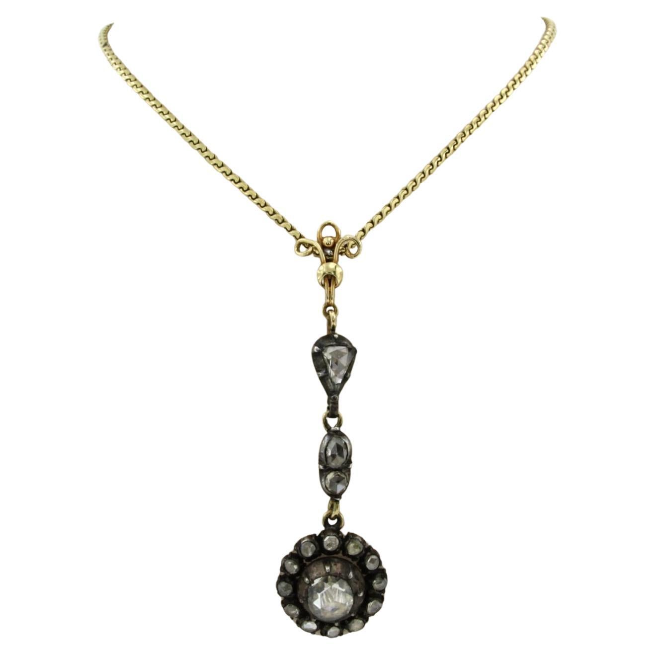 Necklace with pendant set with diamonds 14k yellow gold and silver For Sale