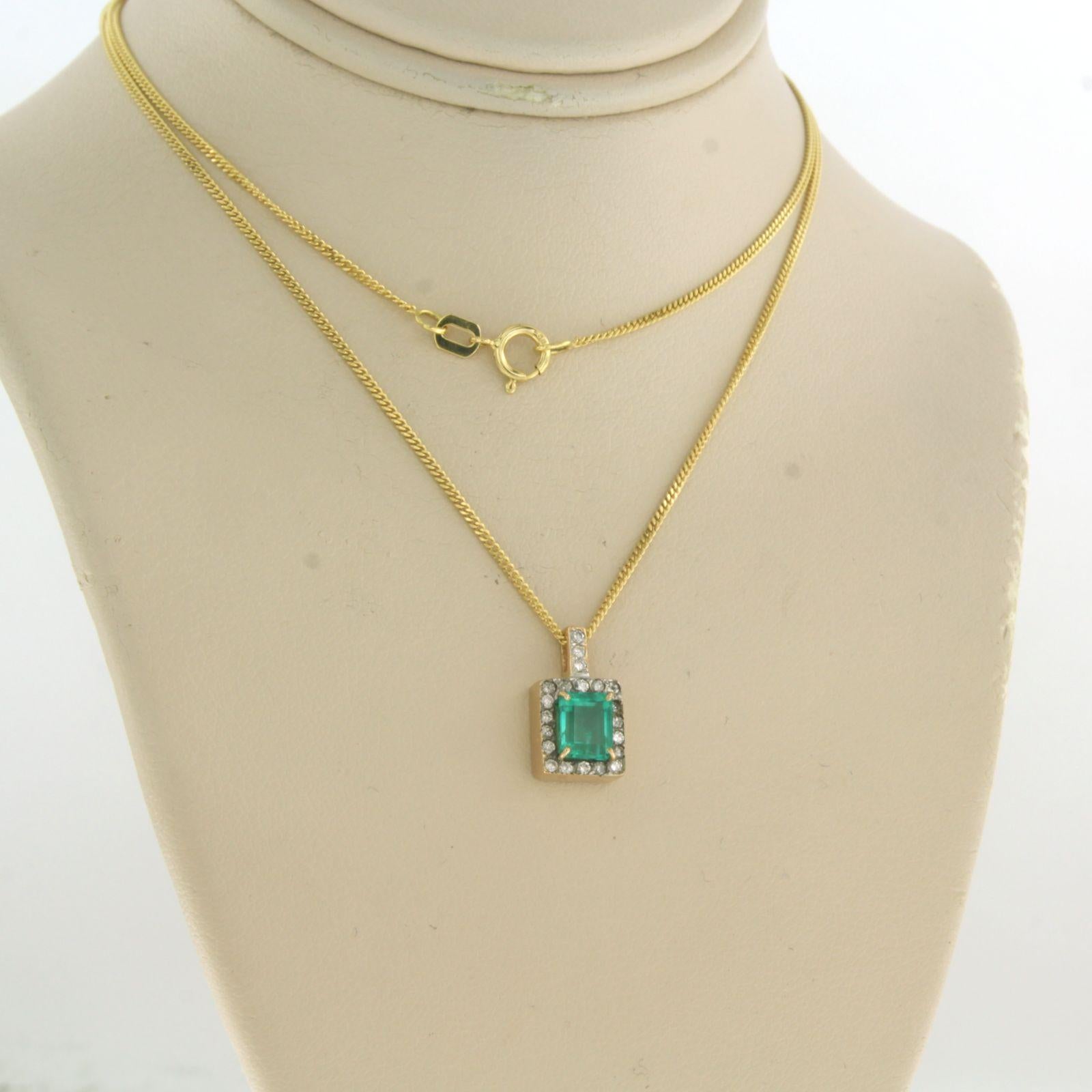 Brilliant Cut Necklace with pendant set with emerald and diamond 14k yellow gold