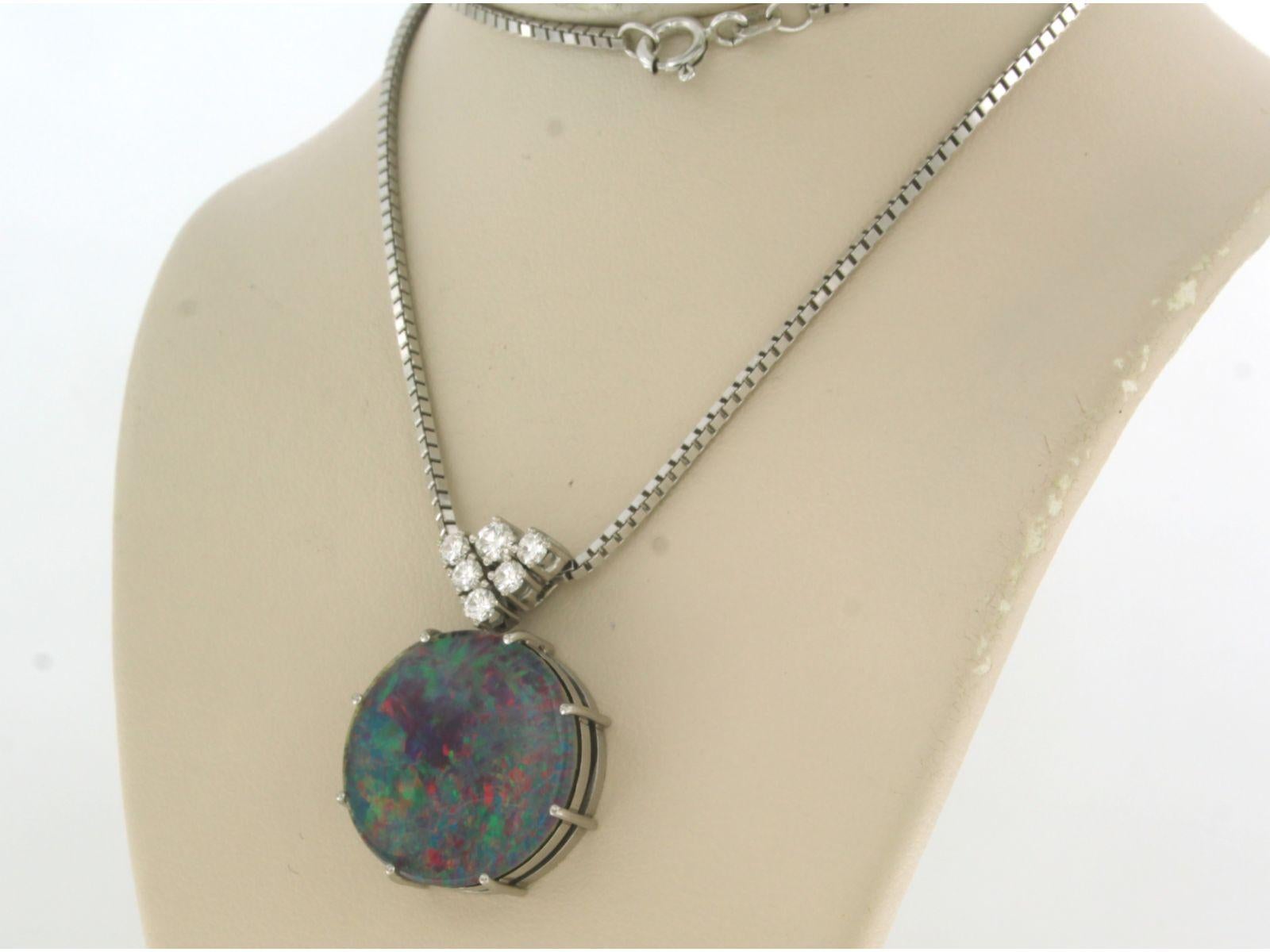 Modern Necklace with pendant set with opal and diamond 14k white gold For Sale
