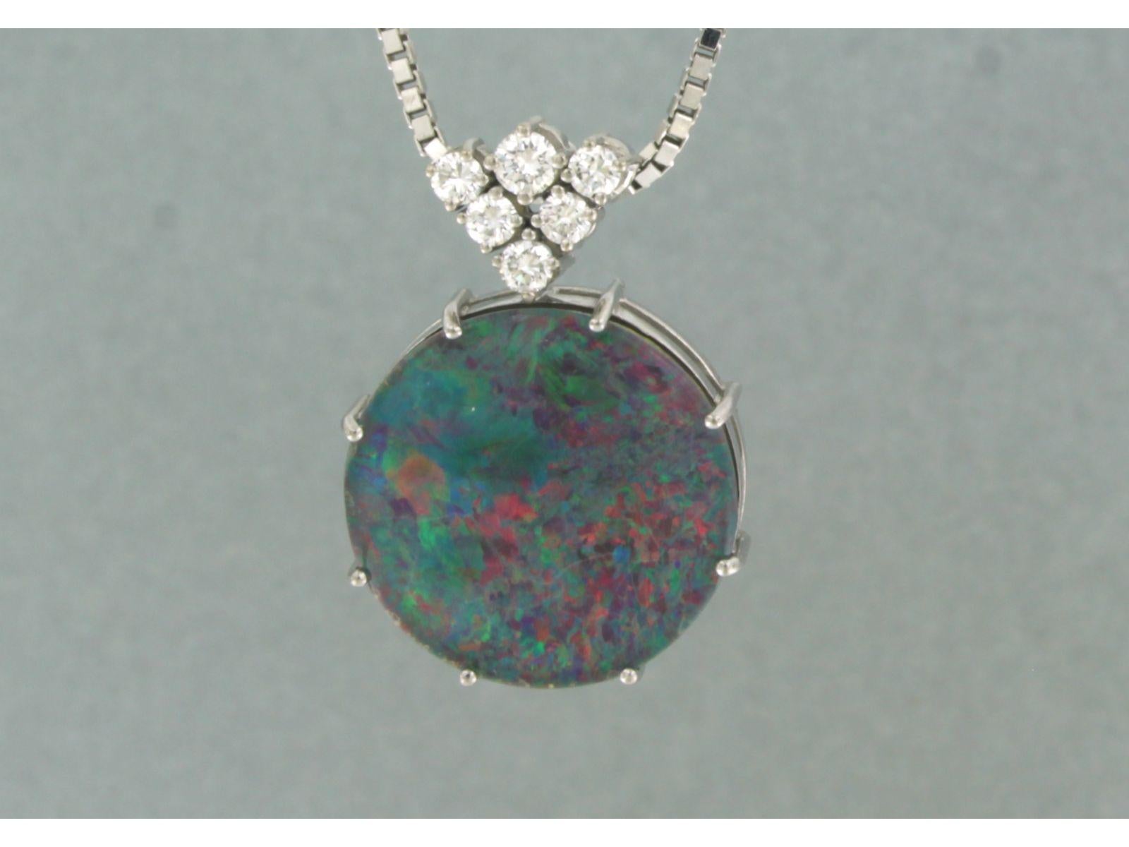 Brilliant Cut Necklace with pendant set with opal and diamond 14k white gold For Sale