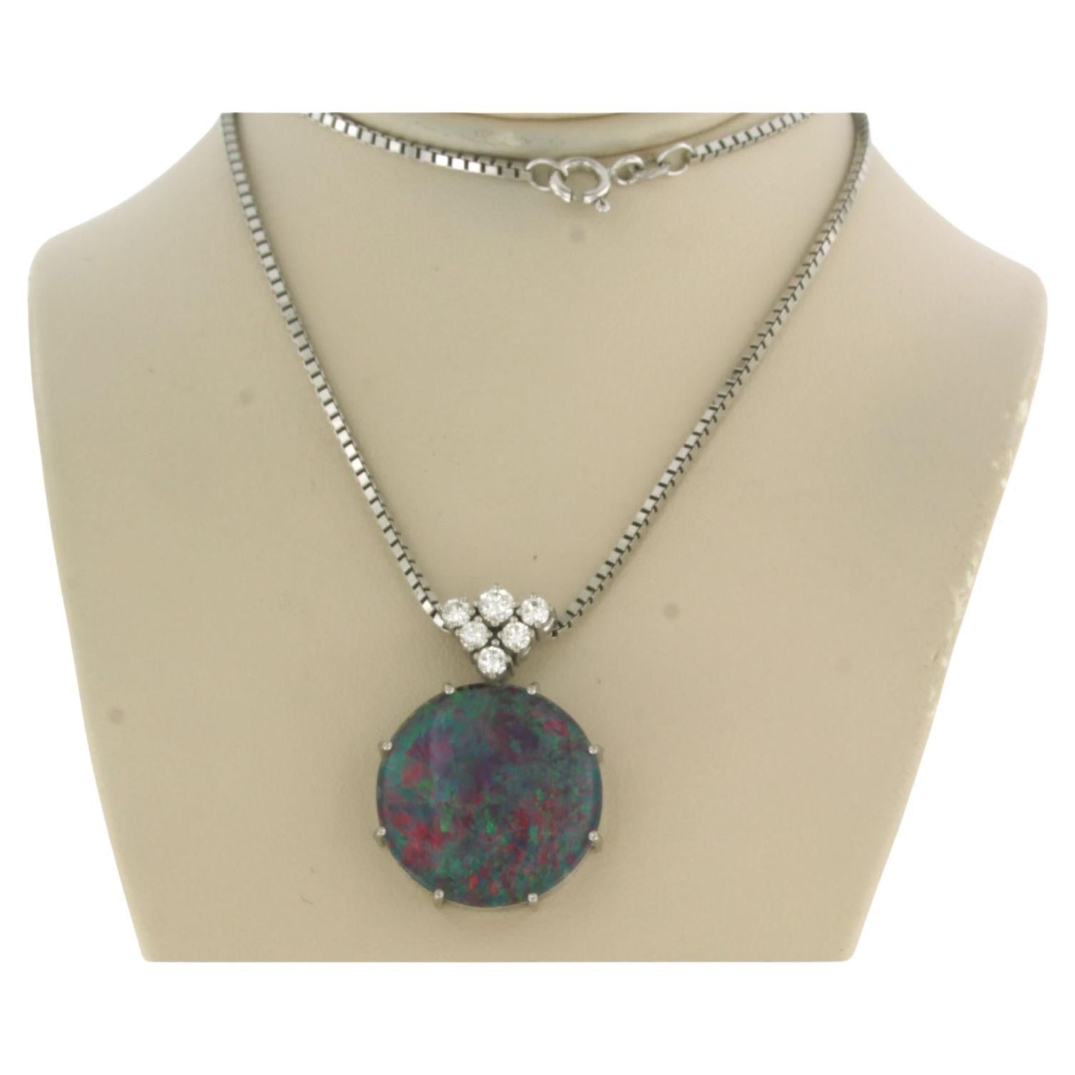 Necklace with pendant set with opal and diamond 14k white gold For Sale