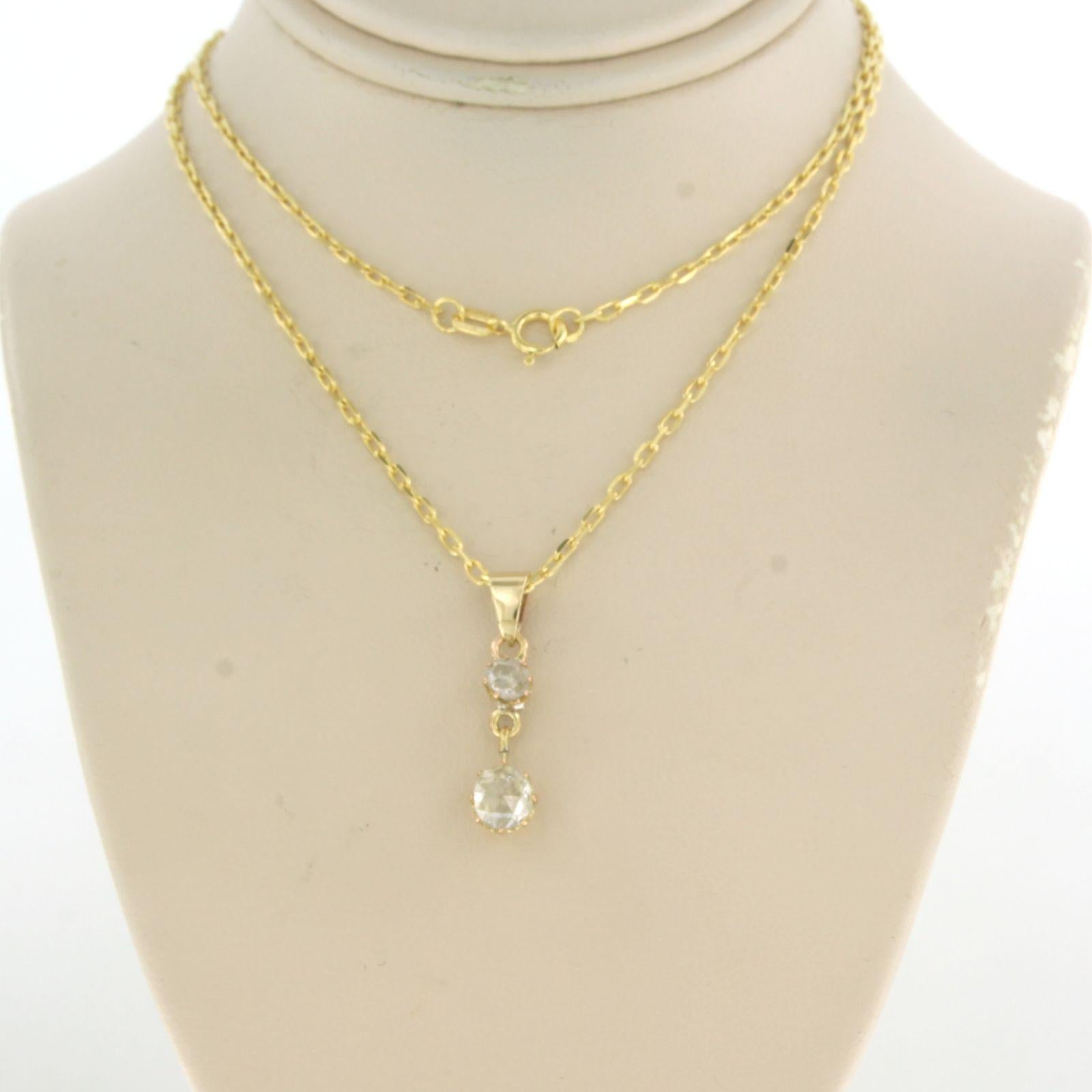 Collar de oro amarillo de 14k con un colgante engastado con diamantes talla rosa. 0,70 ct - G/H SI - 45 cm de largo

descripción detallada:

el collar mide 45 cm de largo y 0,7 mm de ancho

el colgante mide 2,3 cm de largo por 0,6 cm de ancho

peso