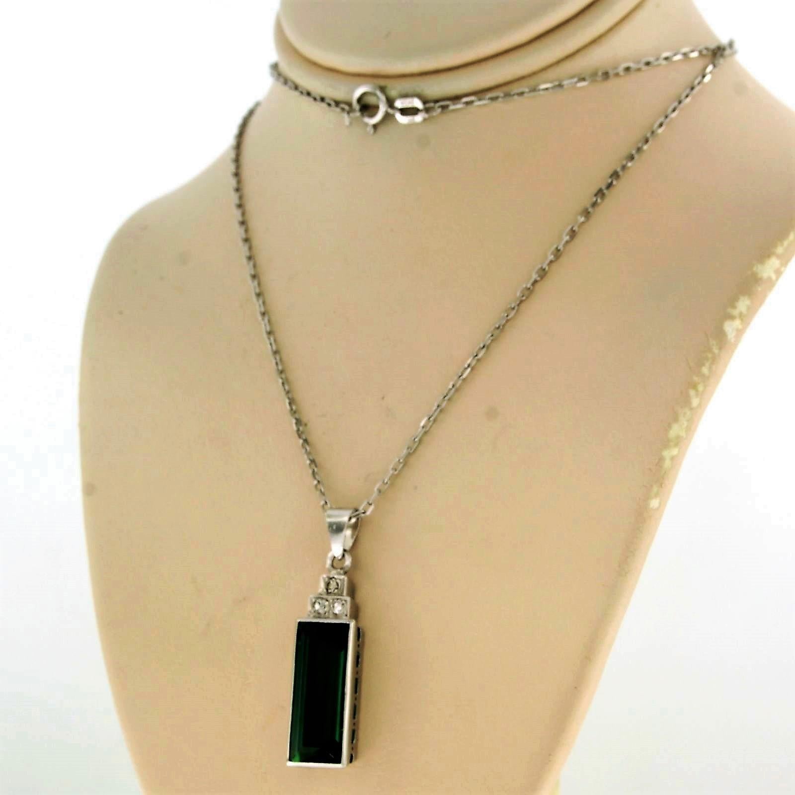 Single Cut Necklace with pendant Tourmaline and diamond 14k white gold 