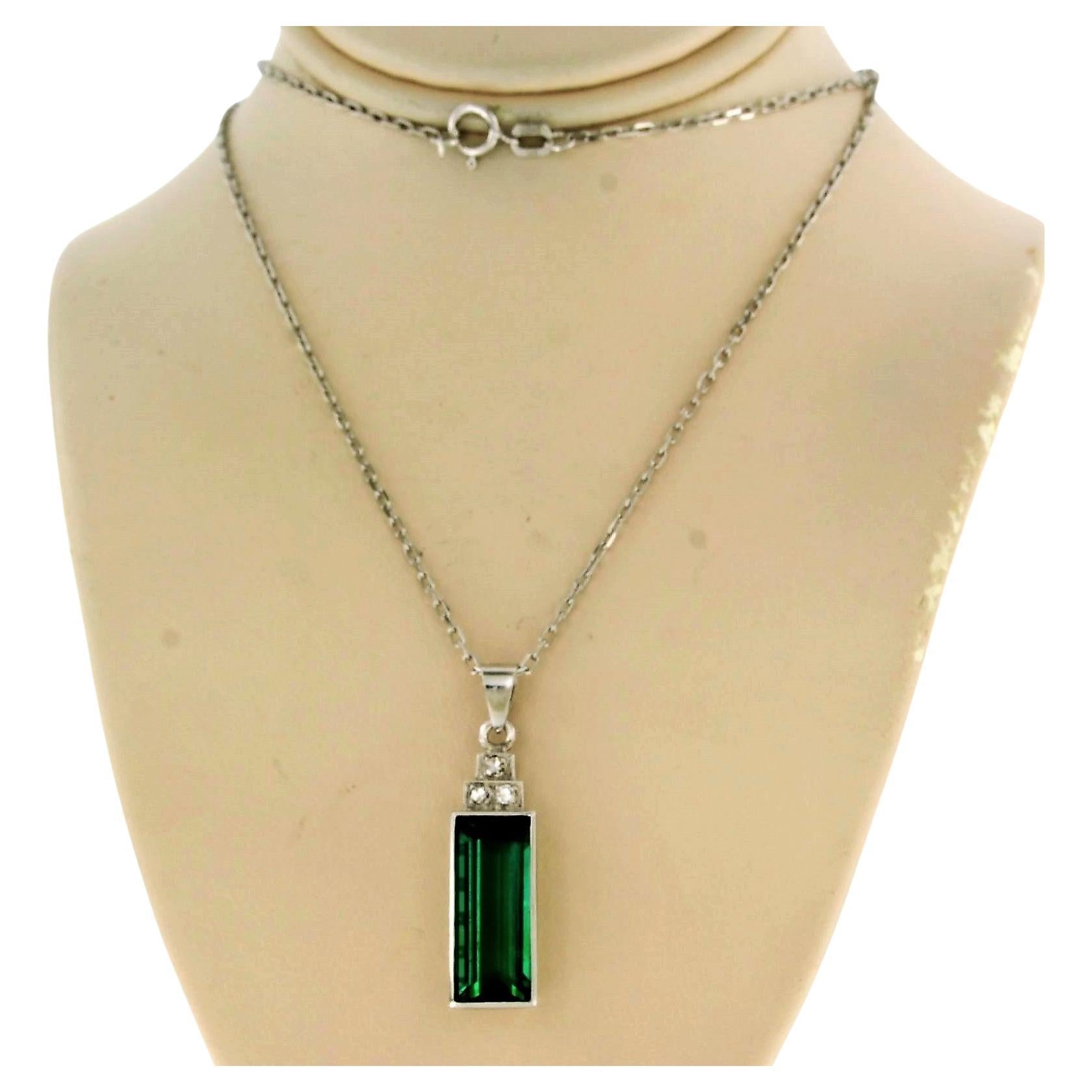 Necklace with pendant Tourmaline and diamond 14k white gold 