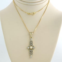 Halskette mit Anhänger aus Perle und Diamant (0,40 ct) – 18-karätiges Gold – 42 cm