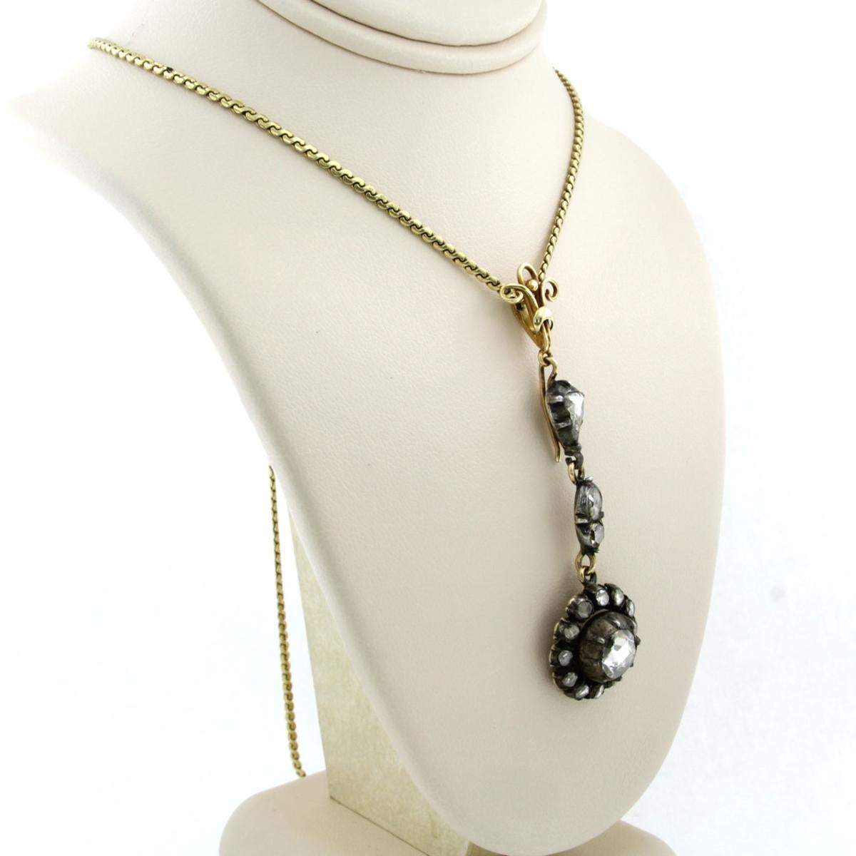 Rose Cut Necklace with pendant with rose cut diamonds up to 1.60ct 14k gold and silver For Sale