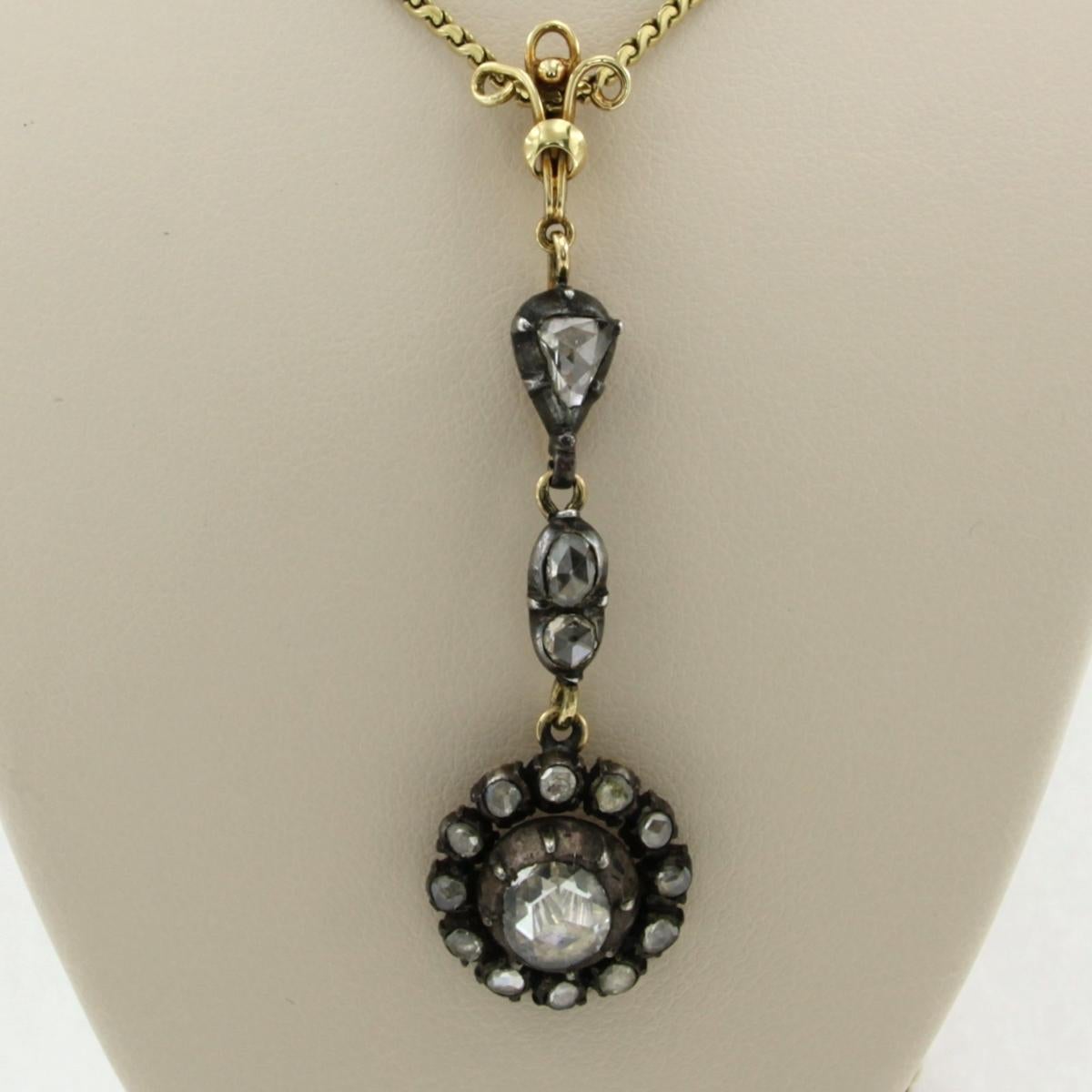 Necklace with pendant with rose cut diamonds up to 1.60ct 14k gold and silver In Excellent Condition For Sale In The Hague, ZH
