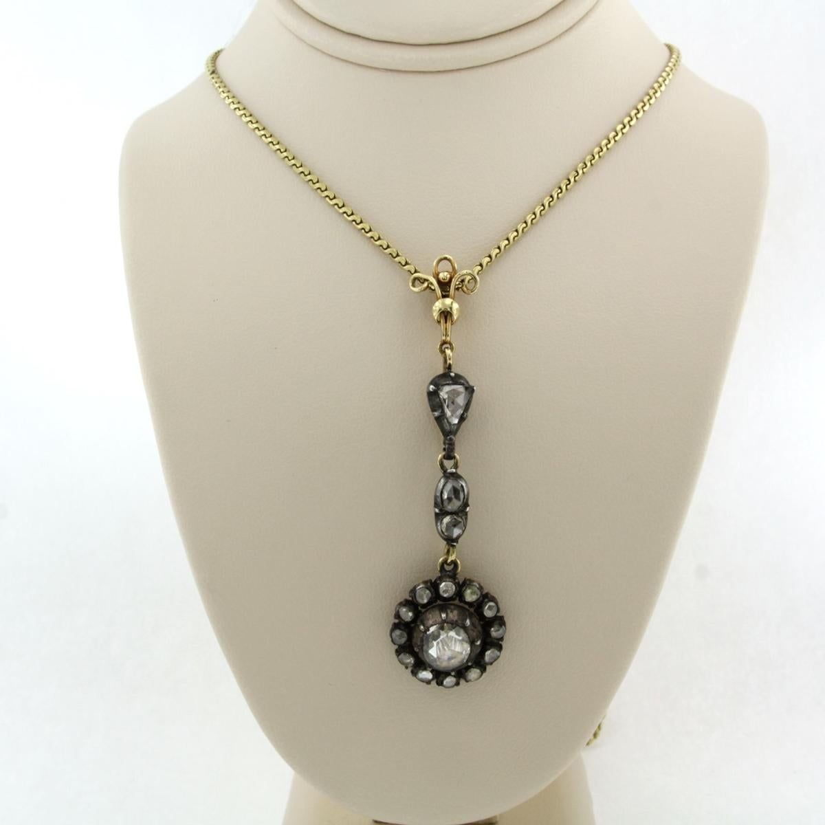 Women's Necklace with pendant with rose cut diamonds up to 1.60ct 14k gold and silver For Sale