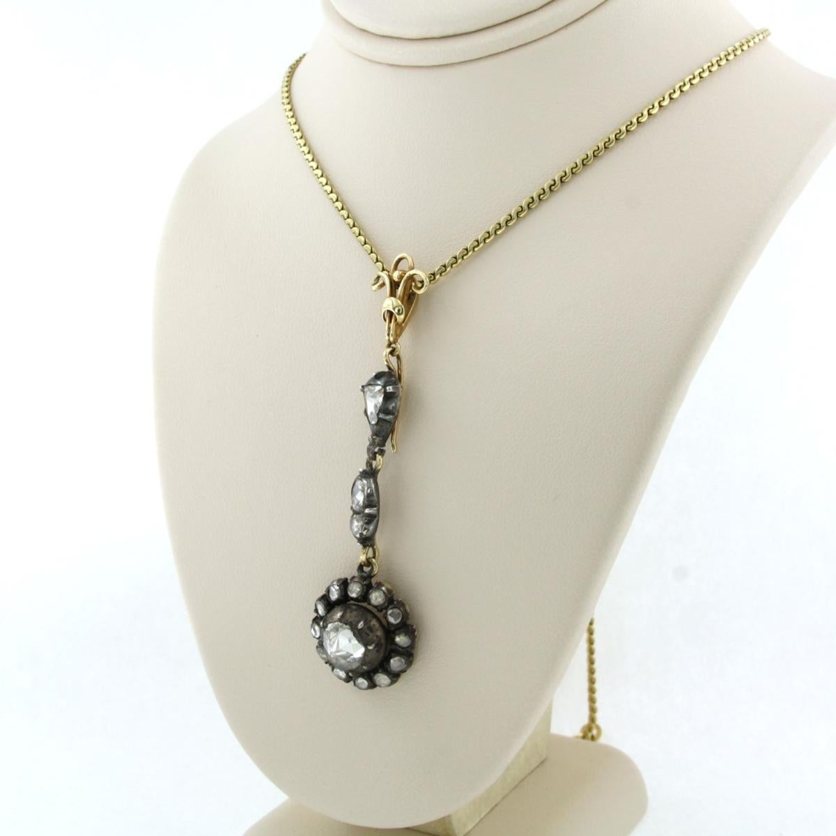 Necklace with pendant with rose cut diamonds up to 1.60ct 14k gold and silver For Sale 1