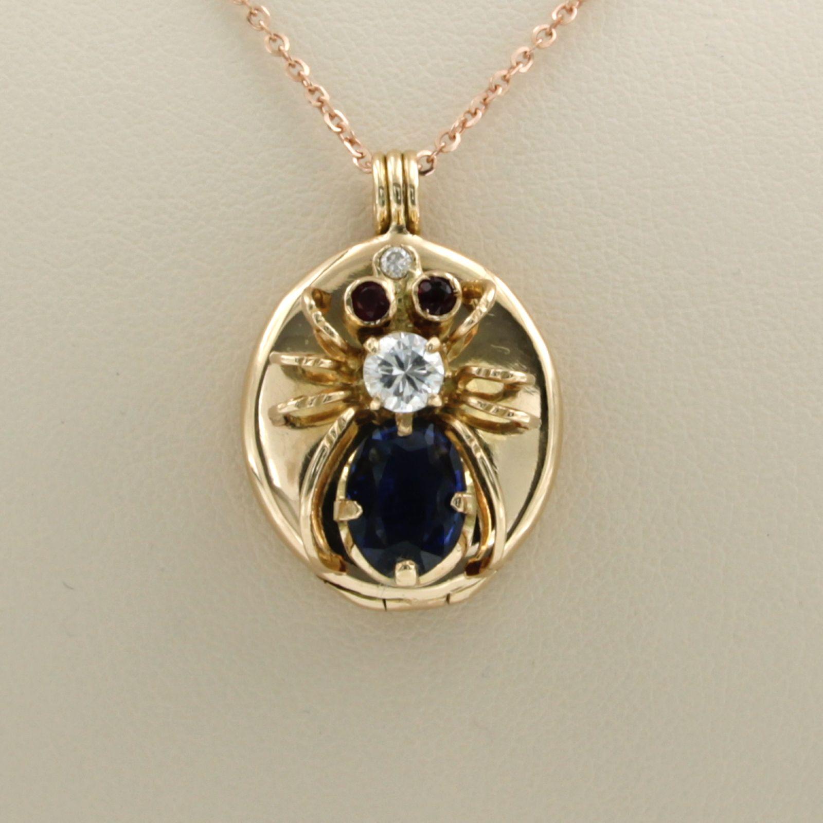 Brilliant Cut Necklace with pendant with Sapphire Ruby and Diamond 14k and 18k pink gold For Sale