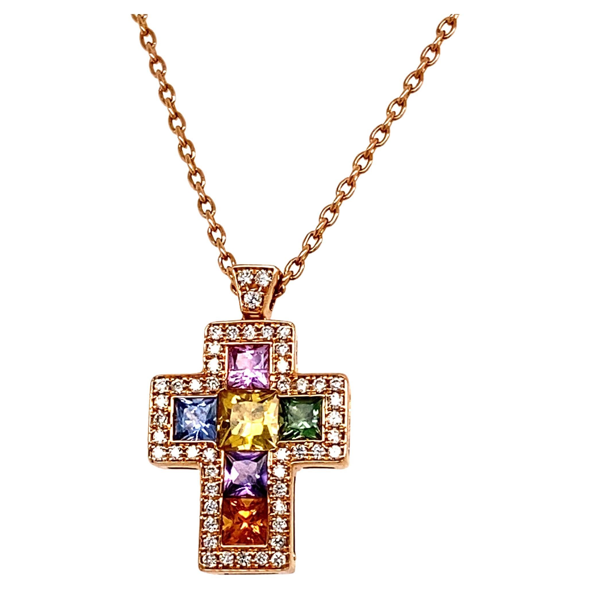 Necklace with Pendentif Multicolore Cross Saphirs Diamonds Pink Gold