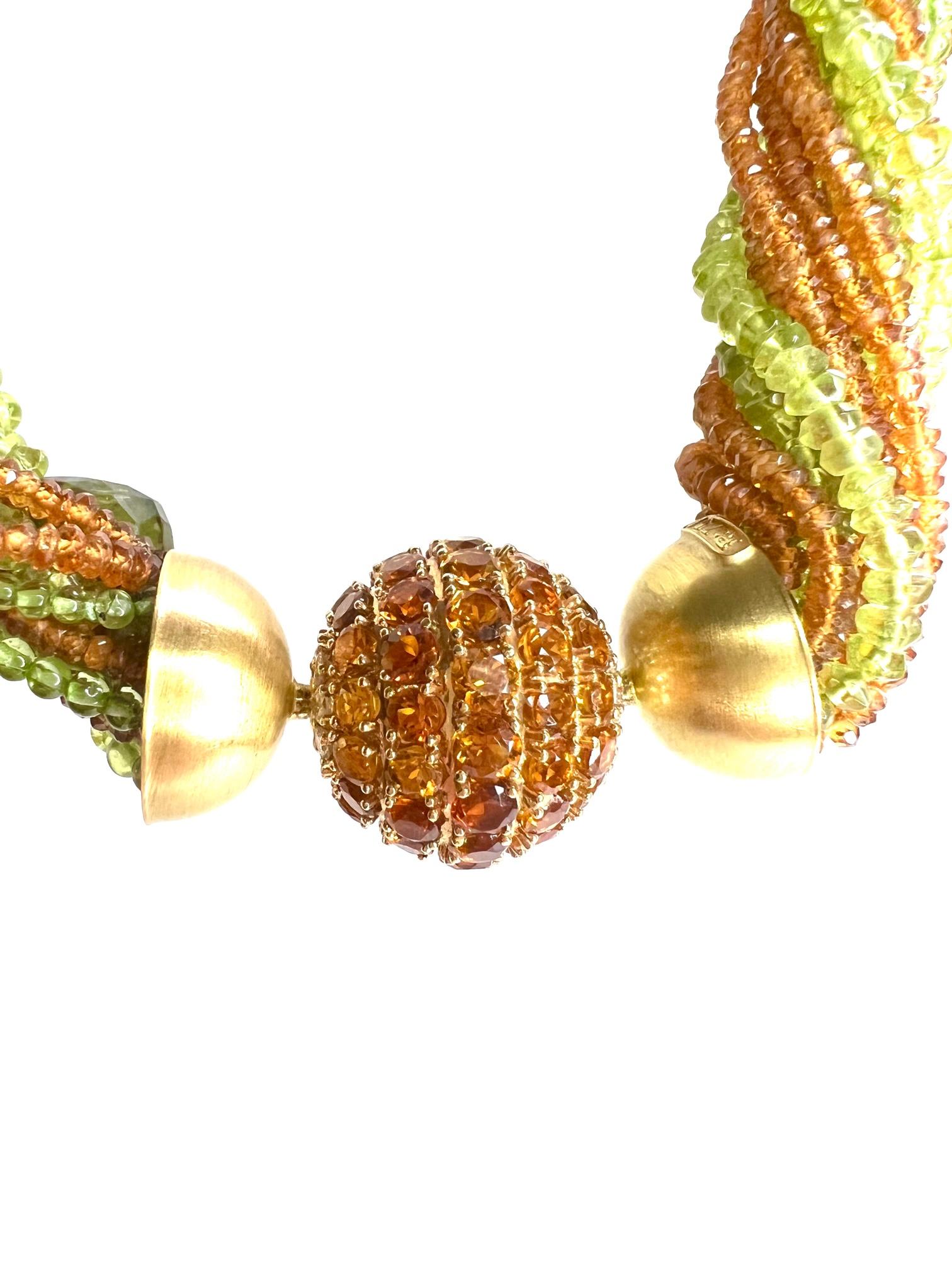 Thomas Leyser is renowned for his contemporary jewellery designs utilizing fine gemstones.

1 necklace with 18k Rose Gold Endings and with 16 facetted Peridot and Citrine ropes.

This necklace can be used with a clasp. This is described also at