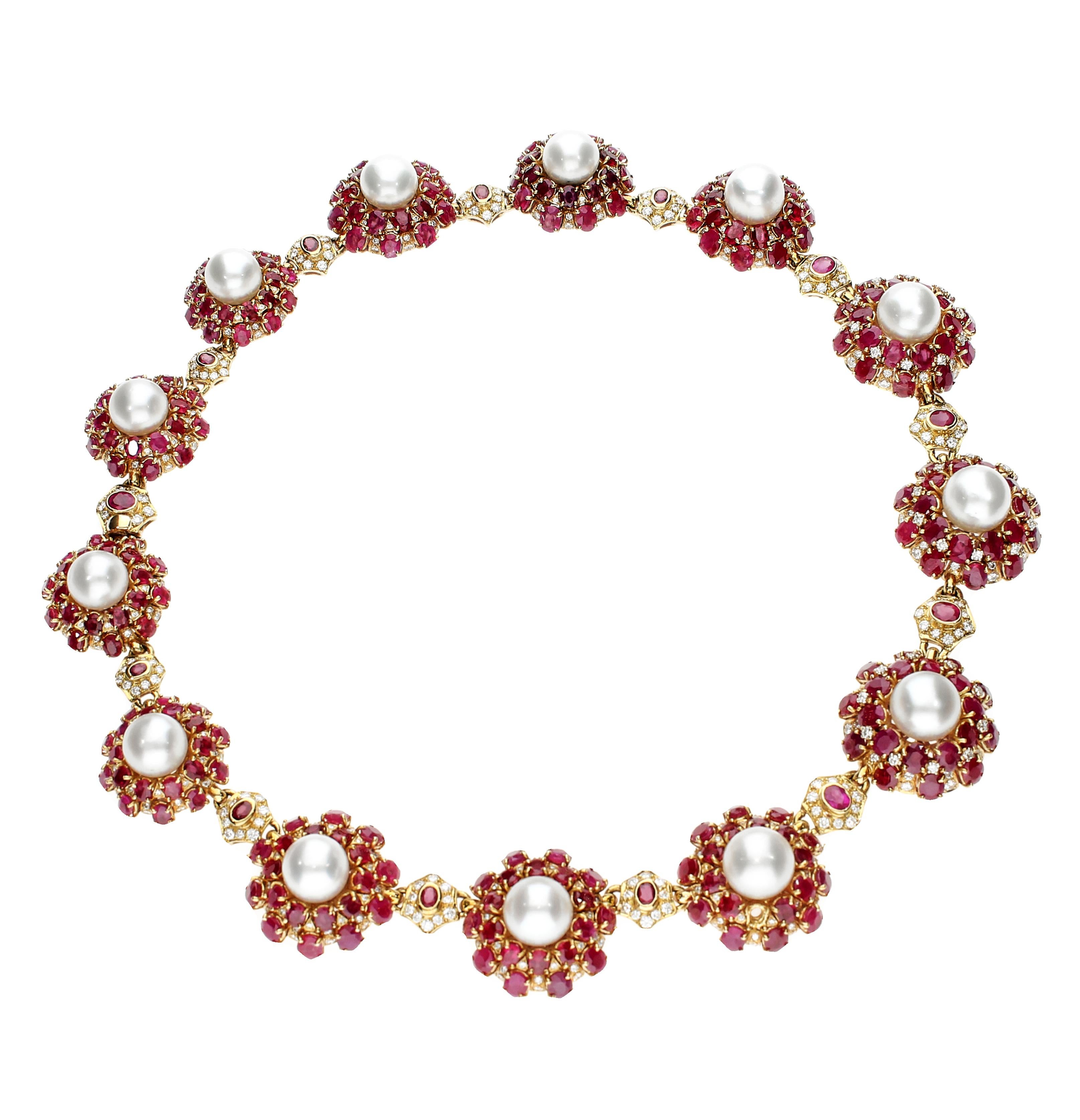 Retro Necklace with Rubies, Pearls and Diamonds in 18 Karat Yellow Gold