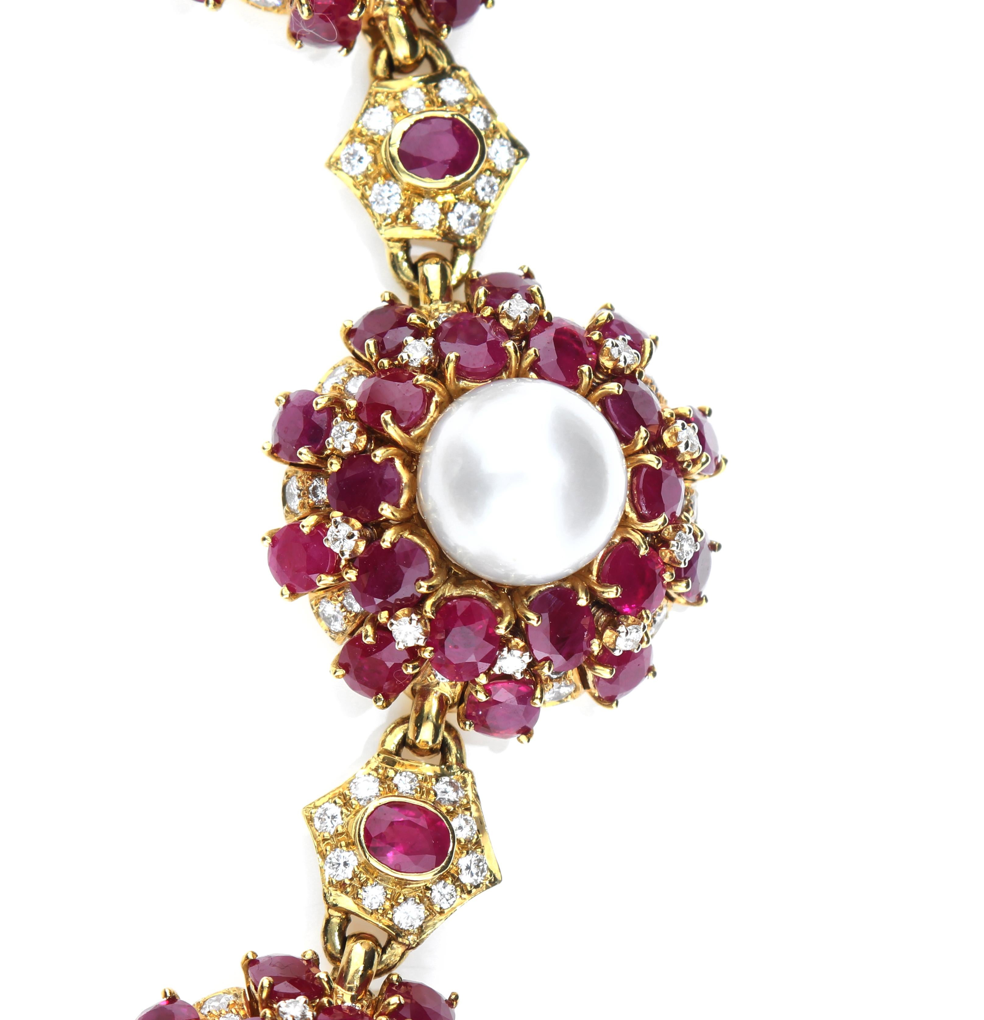 Necklace with Rubies, Pearls and Diamonds in 18 Karat Yellow Gold 1
