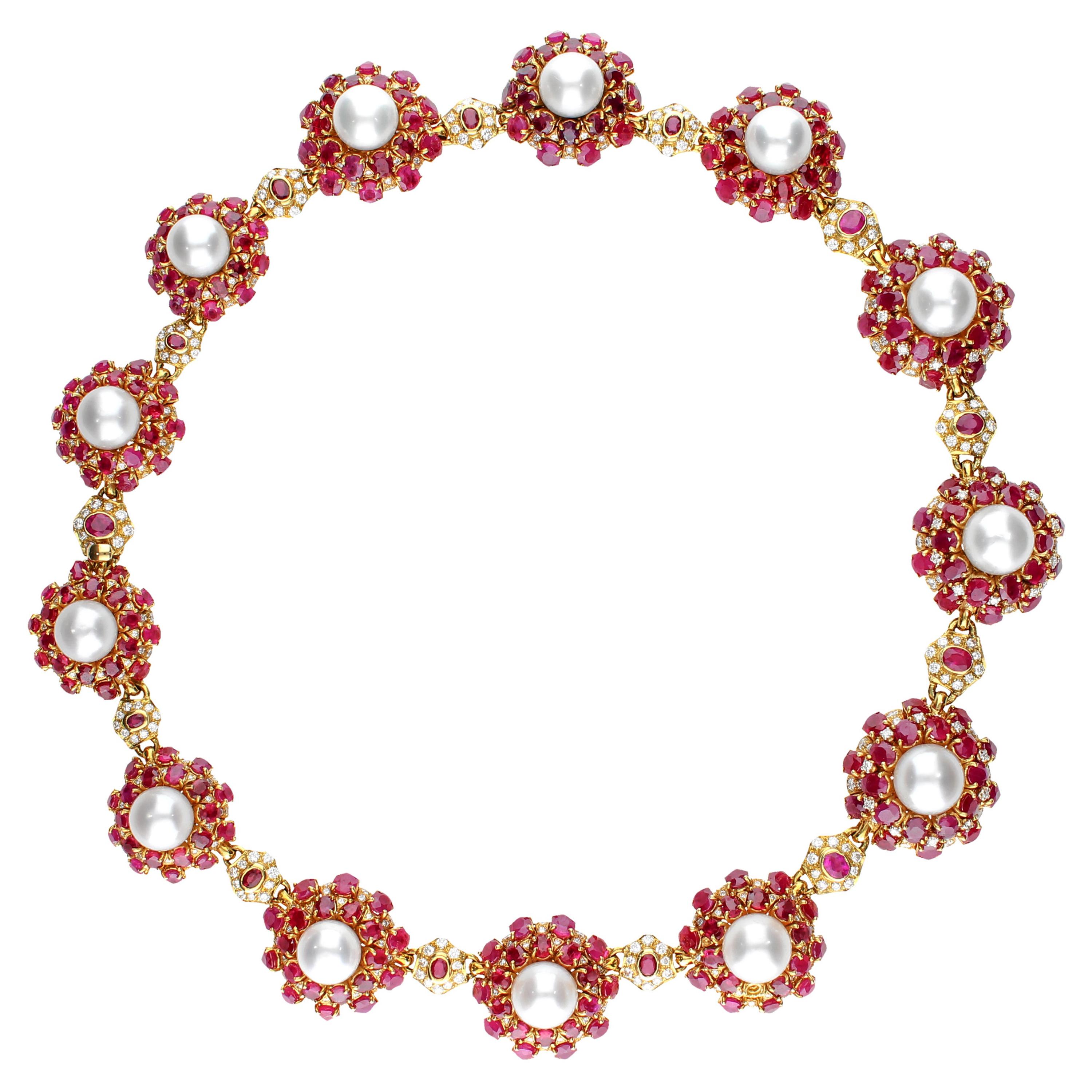 Necklace with Rubies, Pearls and Diamonds in 18 Karat Yellow Gold