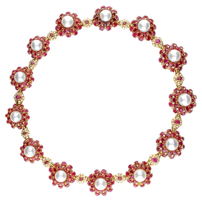 Necklace with Rubies, Pearls and Diamonds in 18 Karat Yellow Gold at ...