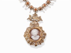Necklace with Shell Cameo and Orange Sapphires