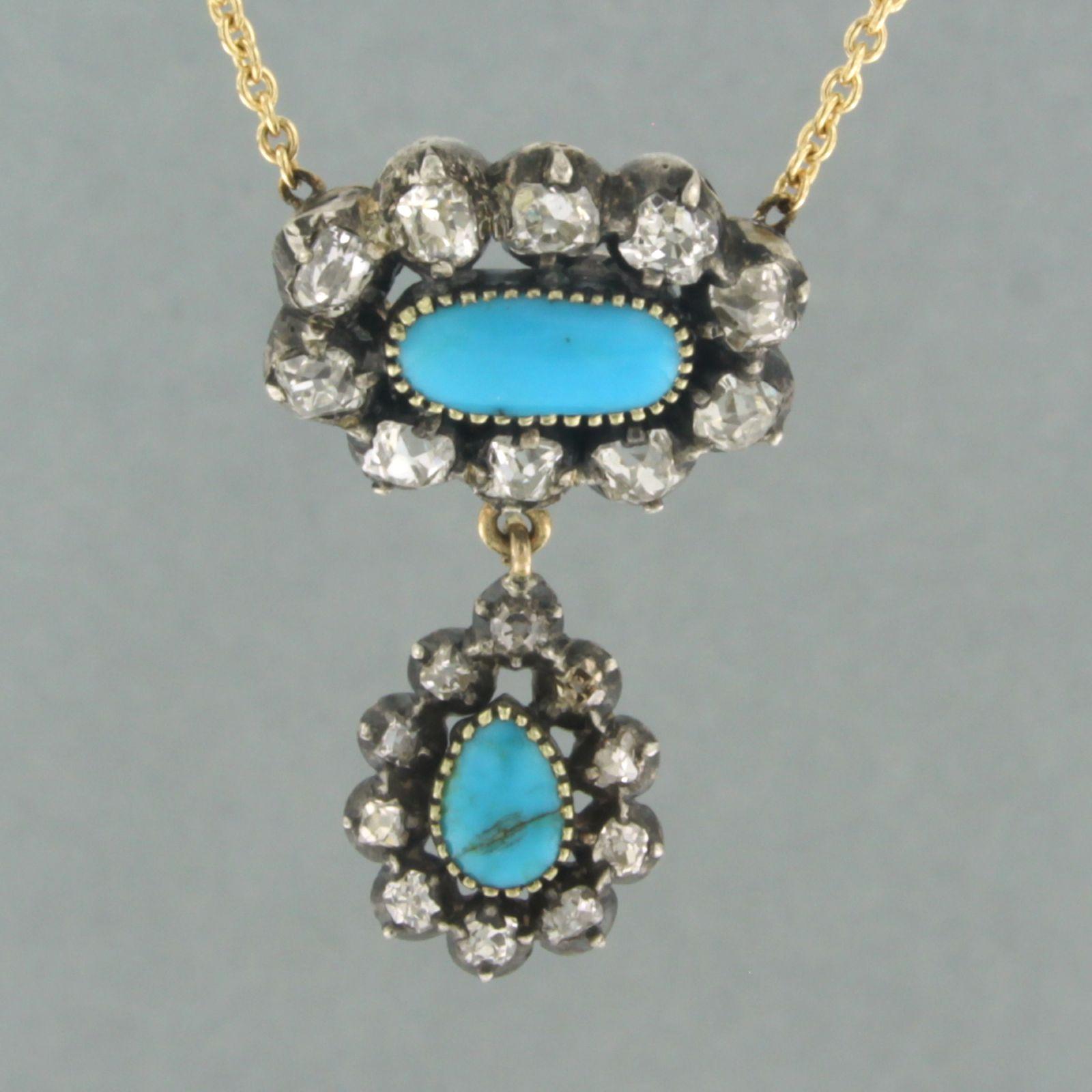 18k yellow gold necklace with 18k gold with Z2 silver pendant set with turquoise and old mine cut diamond 1.50 ct F/G SI - 40 cm

Detailed description

the necklace is 40 cm long and 0.7 mm wide

The size of the pendant is 3.0 cm high and 1.8 cm