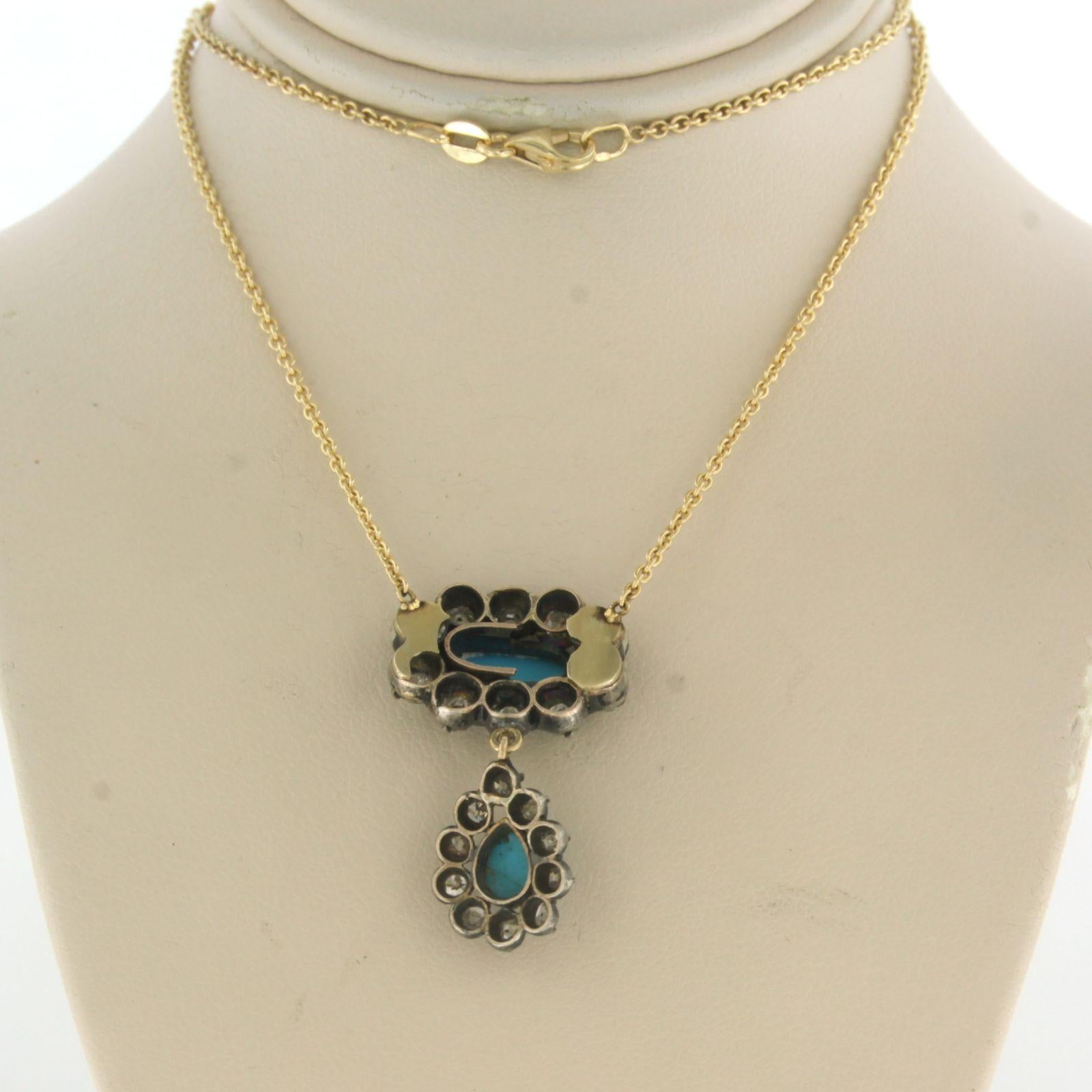 Modern Necklace with Turquoise and diamonds 18k yellow gold and silver For Sale