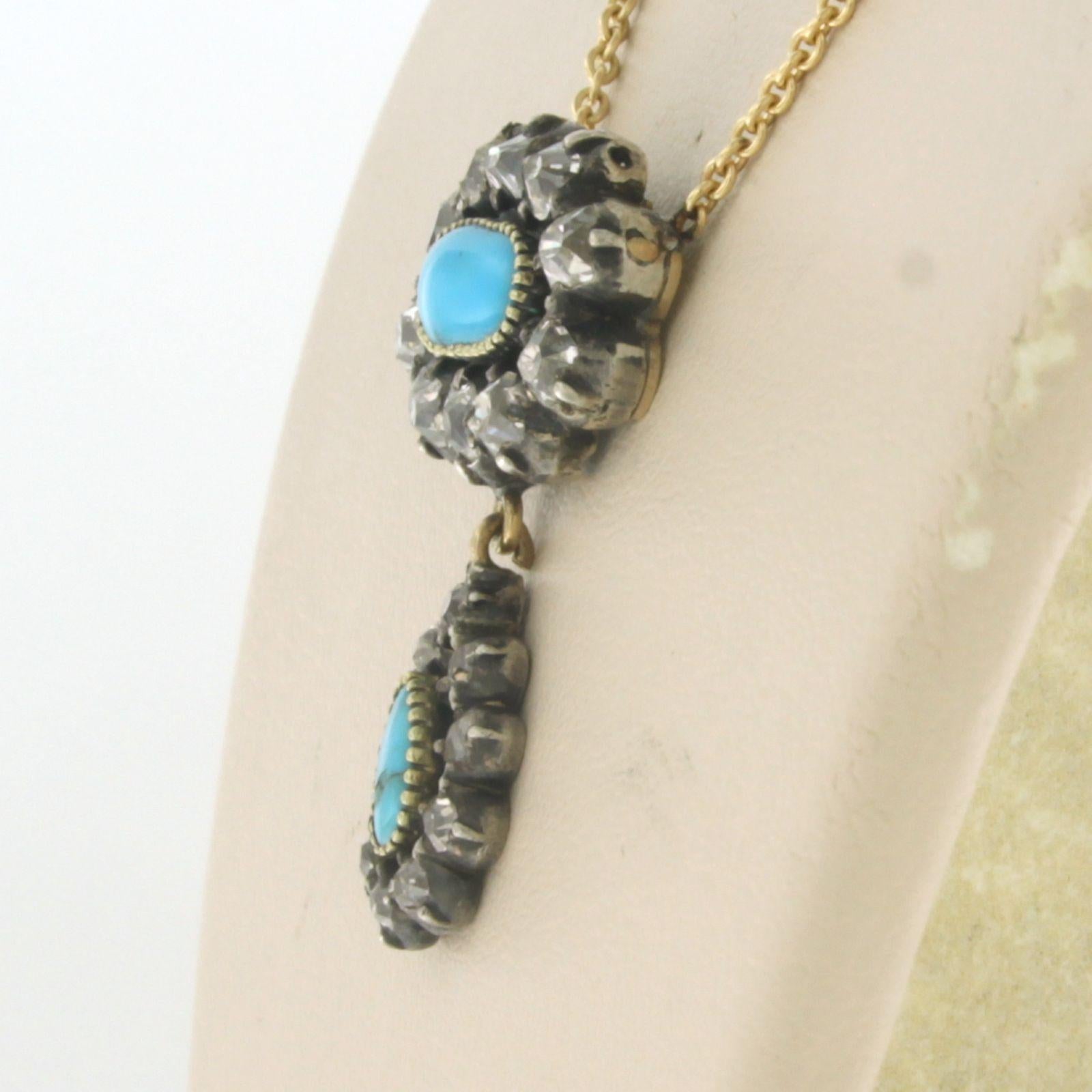 Old Mine Cut Necklace with Turquoise and diamonds 18k yellow gold and silver For Sale