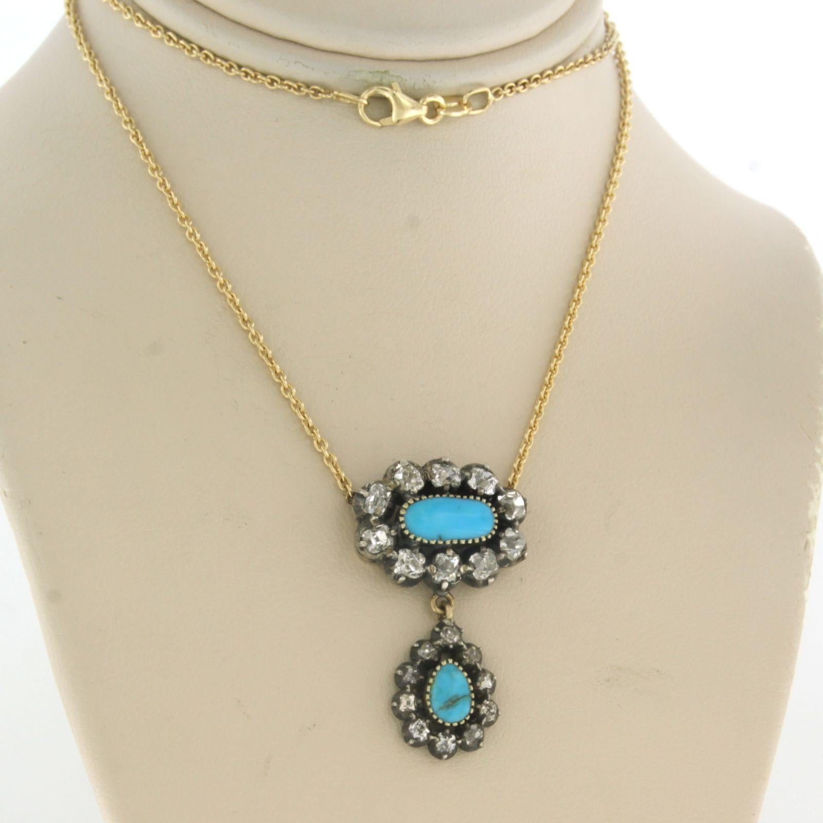 Women's Necklace with Turquoise and diamonds 18k yellow gold and silver For Sale