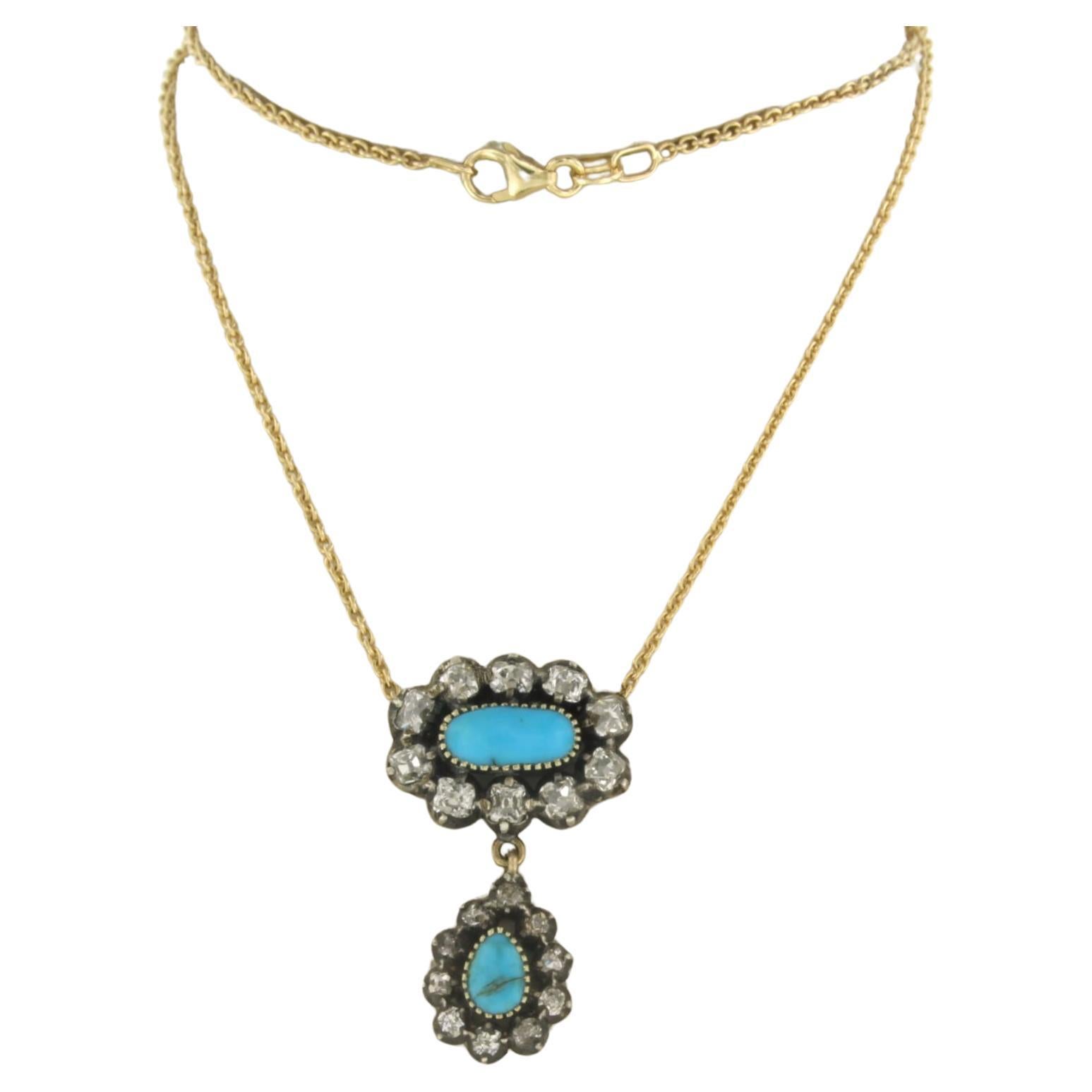 Necklace with Turquoise and diamonds 18k yellow gold and silver For Sale