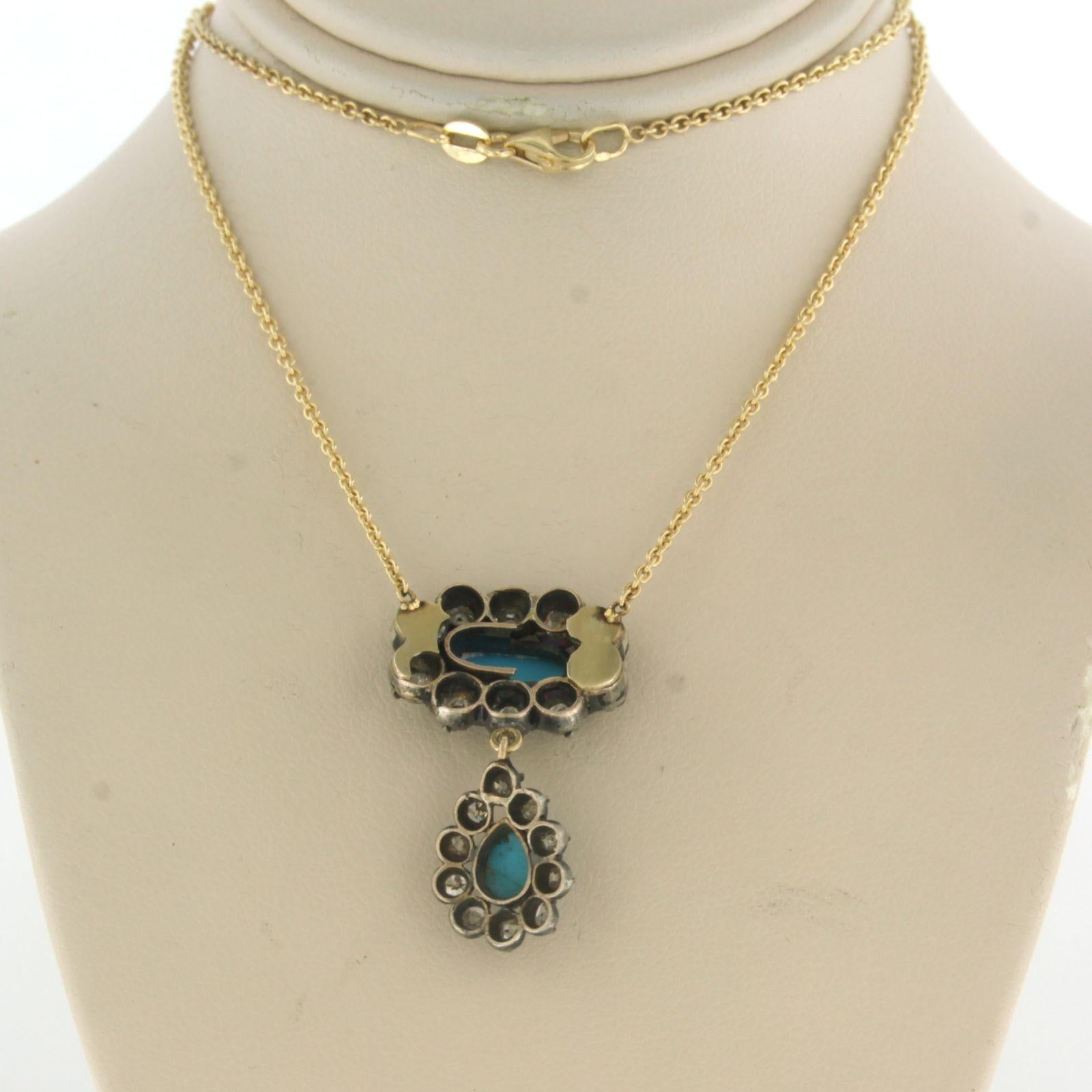 Early Victorian Necklace with turquoise and old mine cut diamonds up to 1.50ct 18k gold, silver For Sale