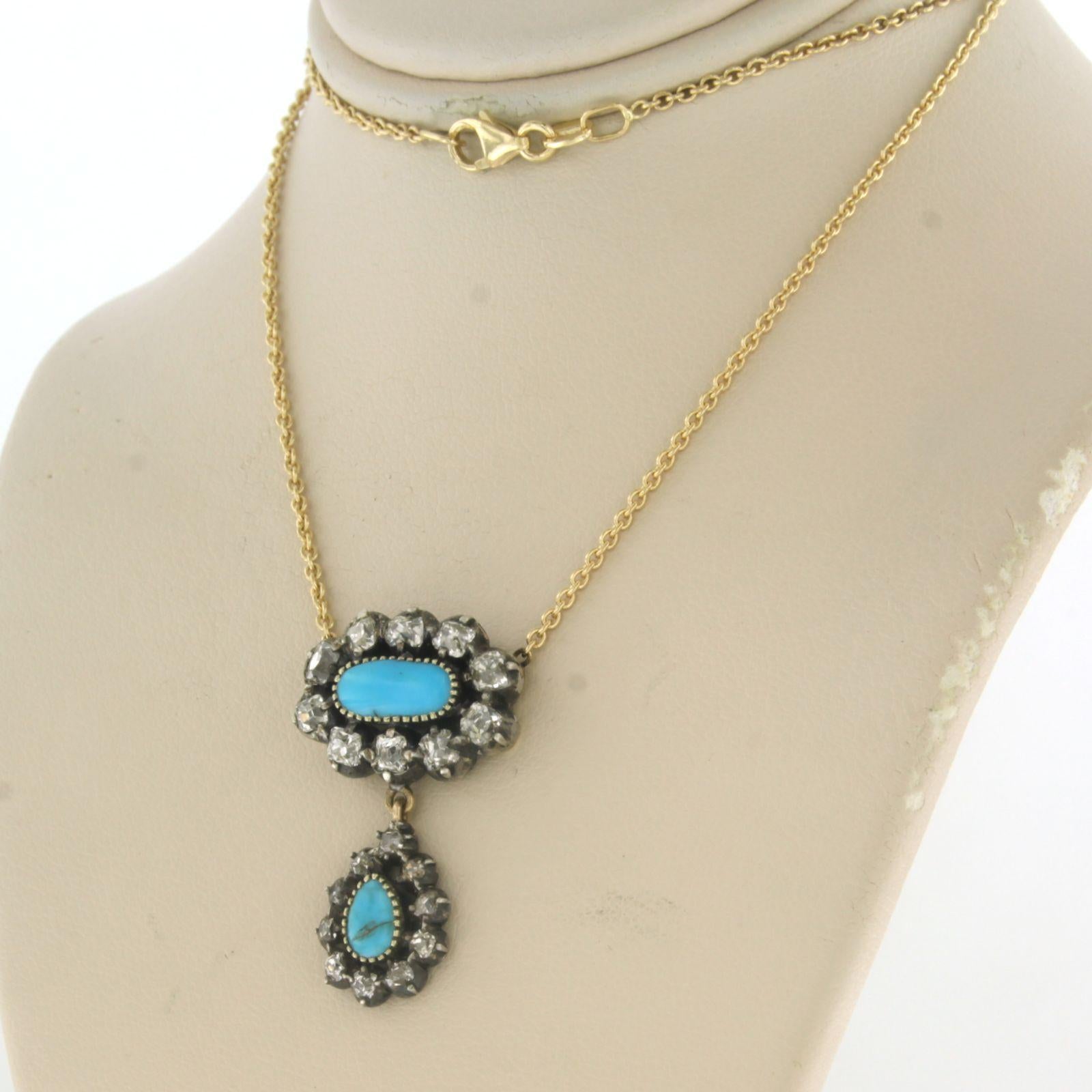 Necklace with turquoise and old mine cut diamonds up to 1.50ct 18k gold, silver In Excellent Condition For Sale In The Hague, ZH