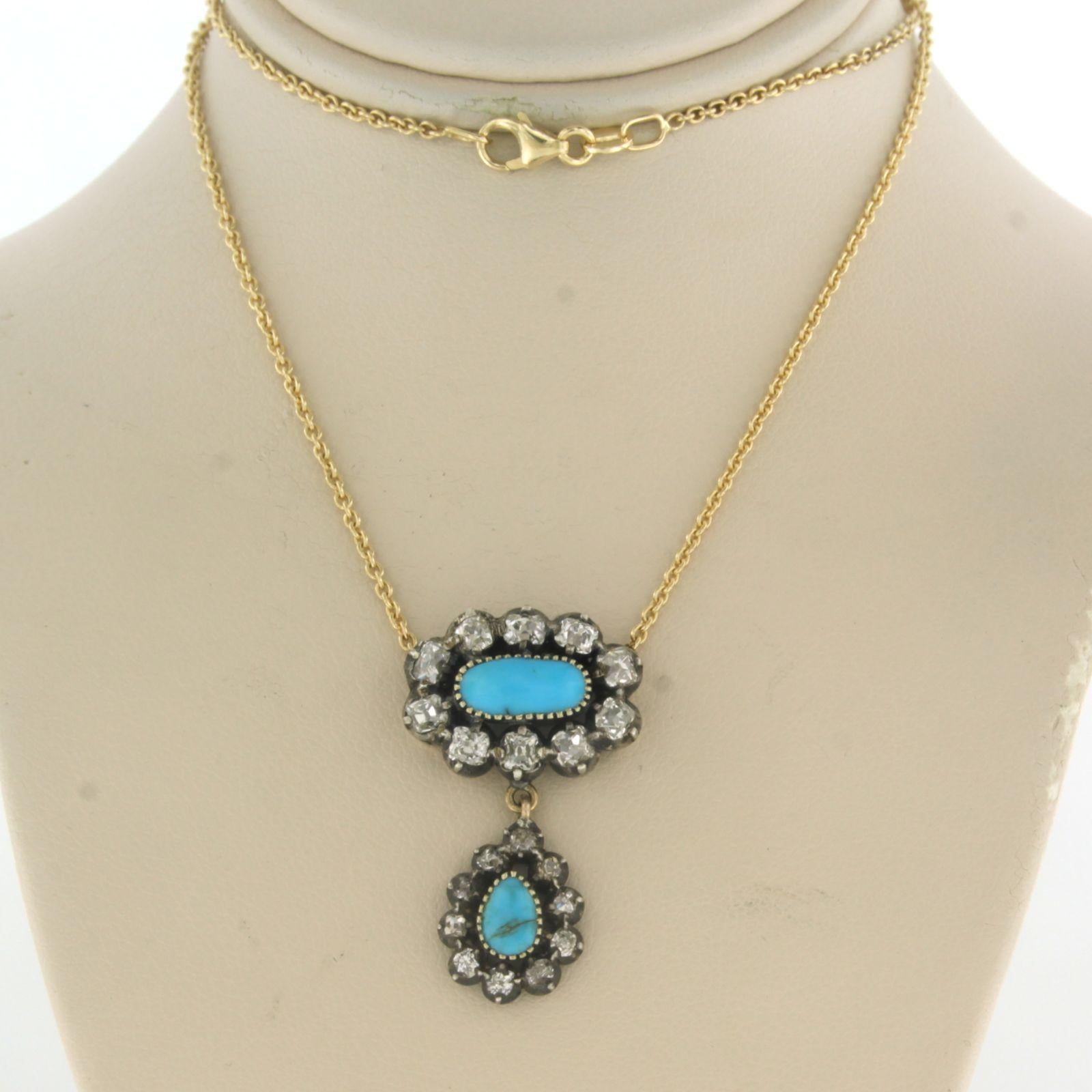 Necklace with turquoise and old mine cut diamonds up to 1.50ct 18k gold, silver For Sale 1