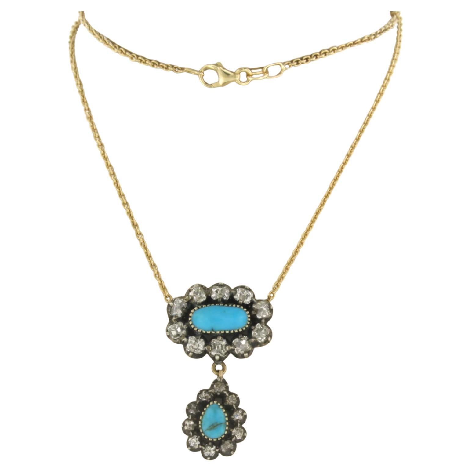 Necklace with turquoise and old mine cut diamonds up to 1.50ct 18k gold, silver