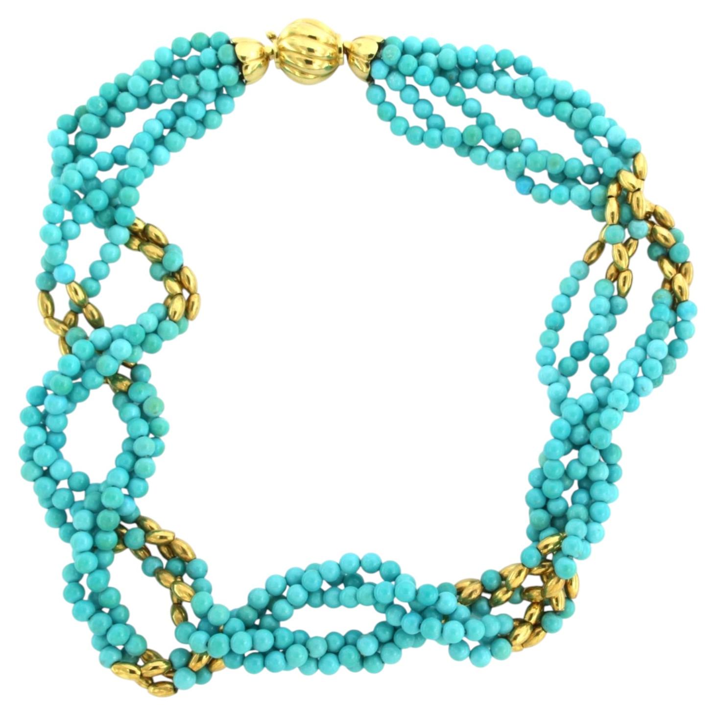 Halskette mit türkisfarbenen Perlen und 18k Gold 92,6 Gramm im Angebot
