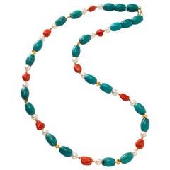 Necklace with Turquoise, Coral Pebbles, Freshwater Pearls and 18 Karat Gold
