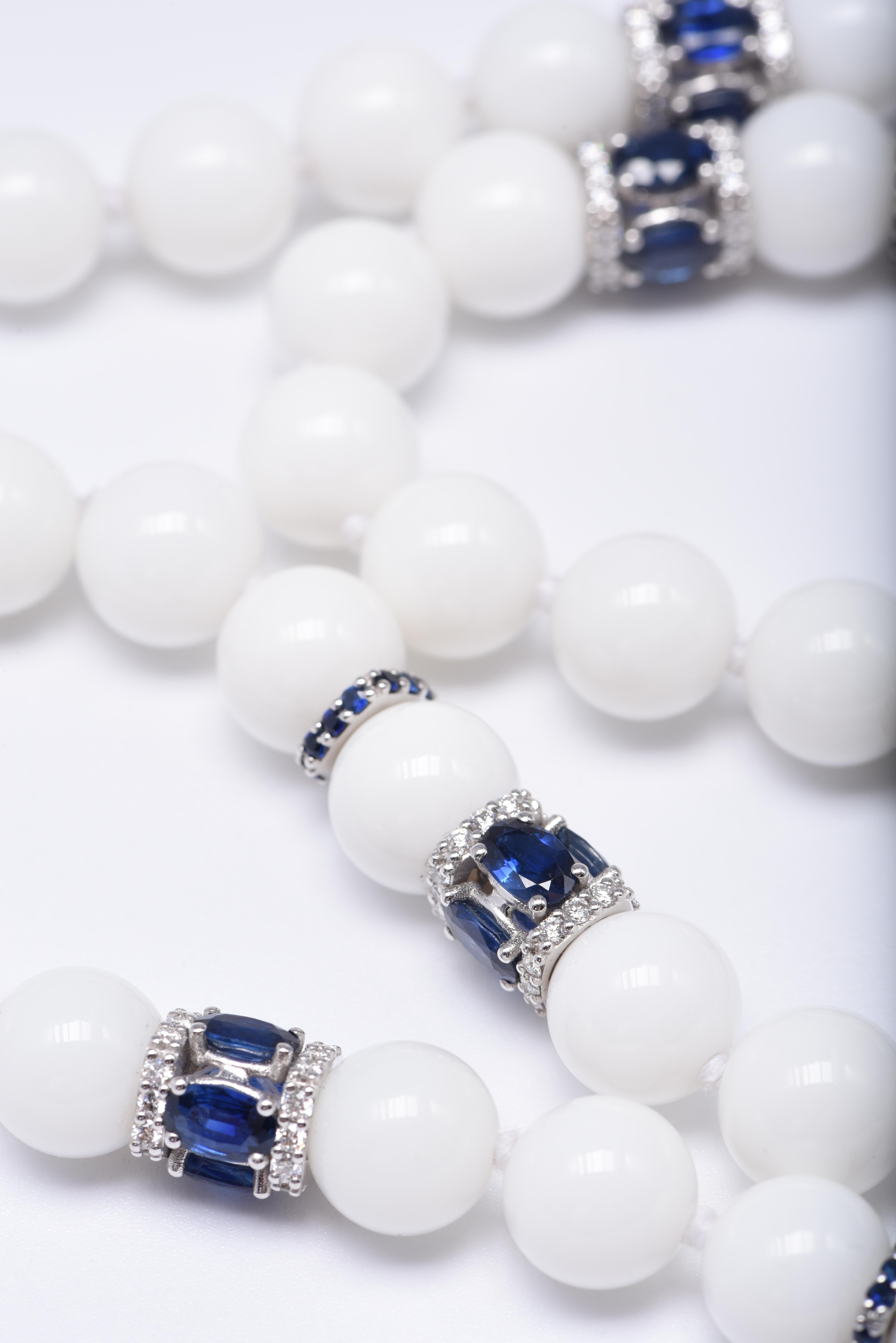 Round Cut Necklace with White Agate Beads, 18k White Gold, Diamonds and Blue Sapphires For Sale